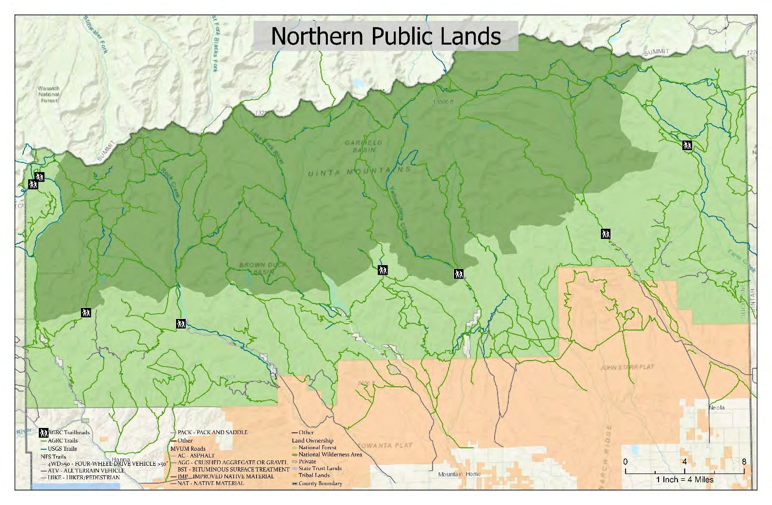 Map of Northern Public Lands showing existing trails and roads data in North Duchesne County