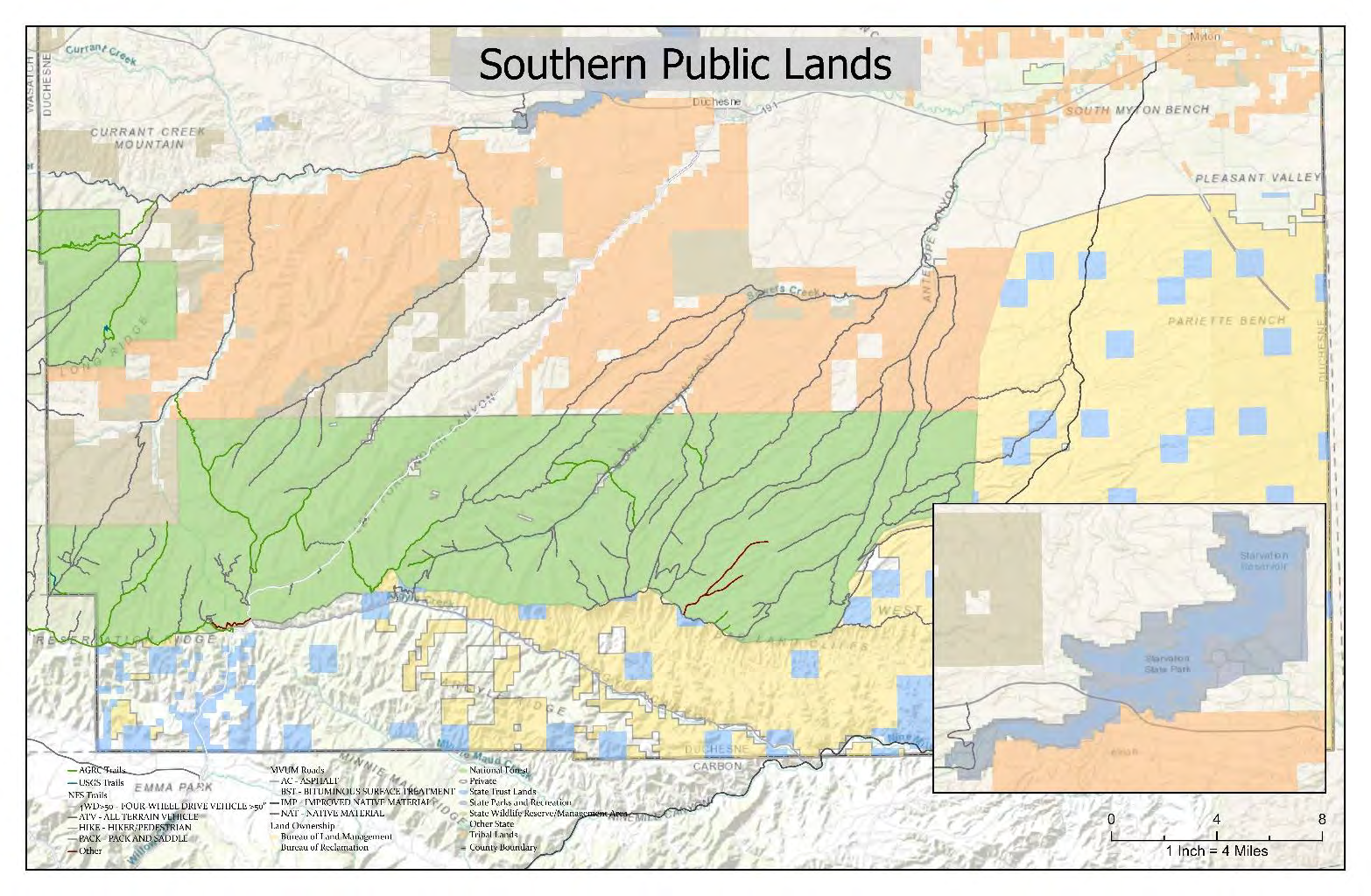 Map of Southern Public Lands showing existing trails data and land ownership in South Duchesne County, Utah