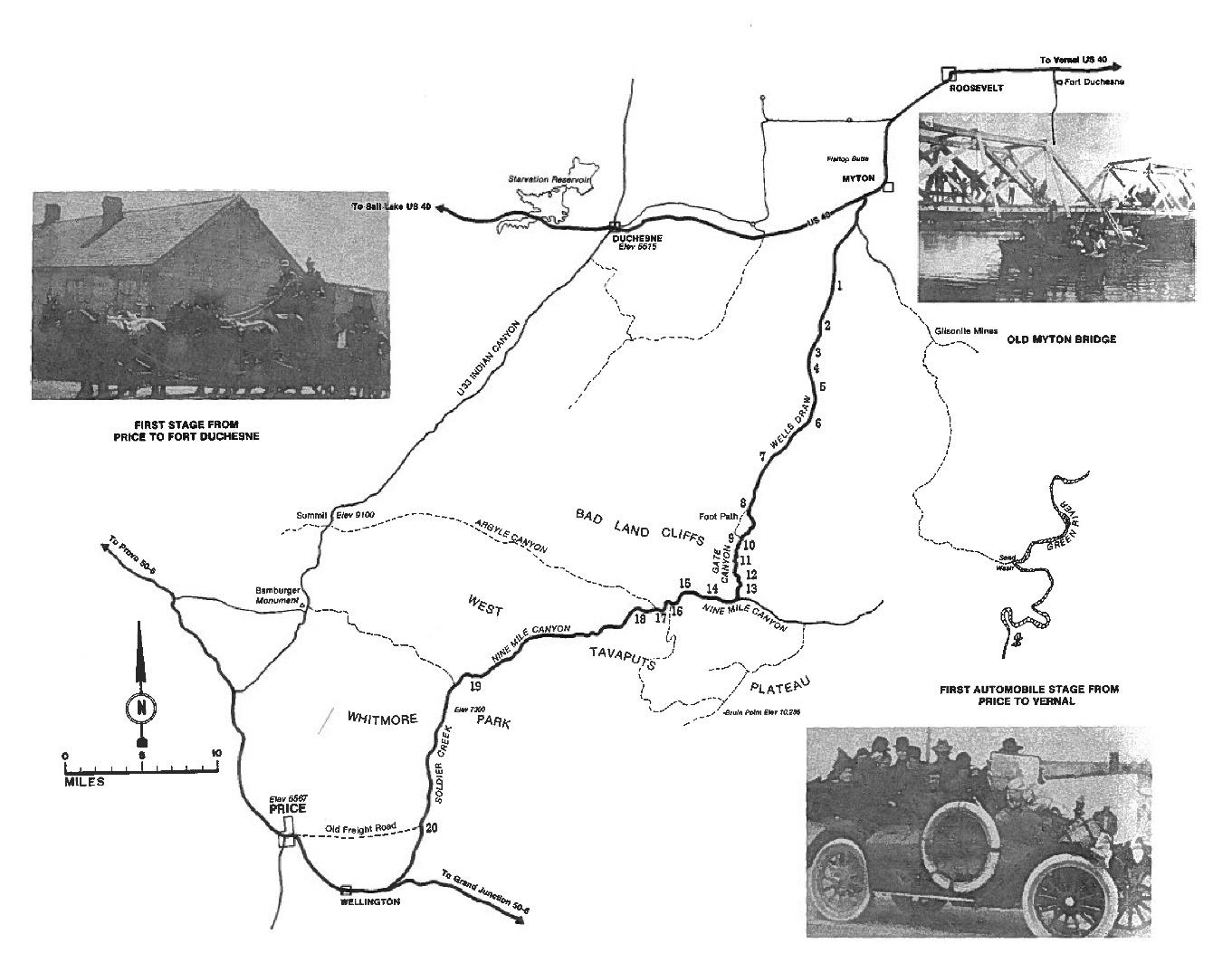 Map of the Nine Mile Stage Route with inset historic photos of stagecoaches, bridge, and automobile stage