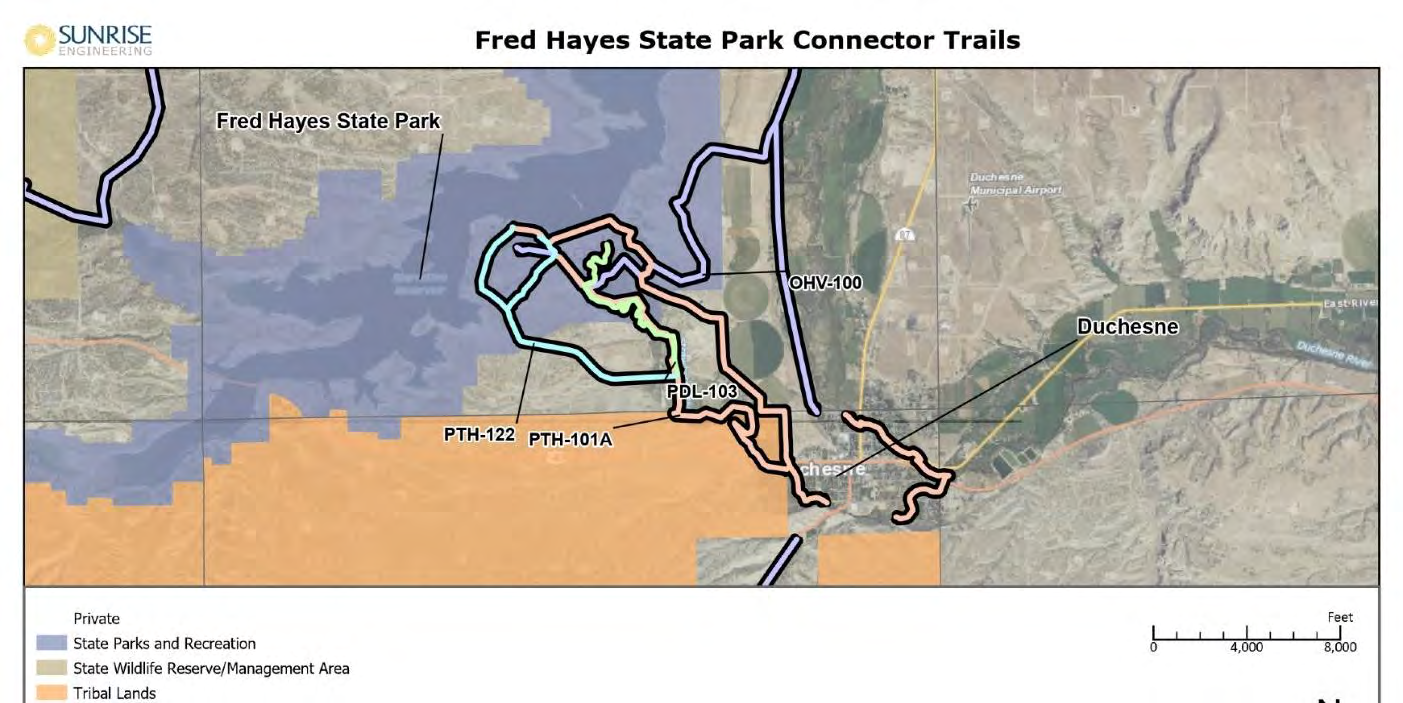 Fred Hayes State Park Connector Trails Map showing trail corridors including OHV-100, PDL-103, PTH-122, and PTH-101A near Duchesne
