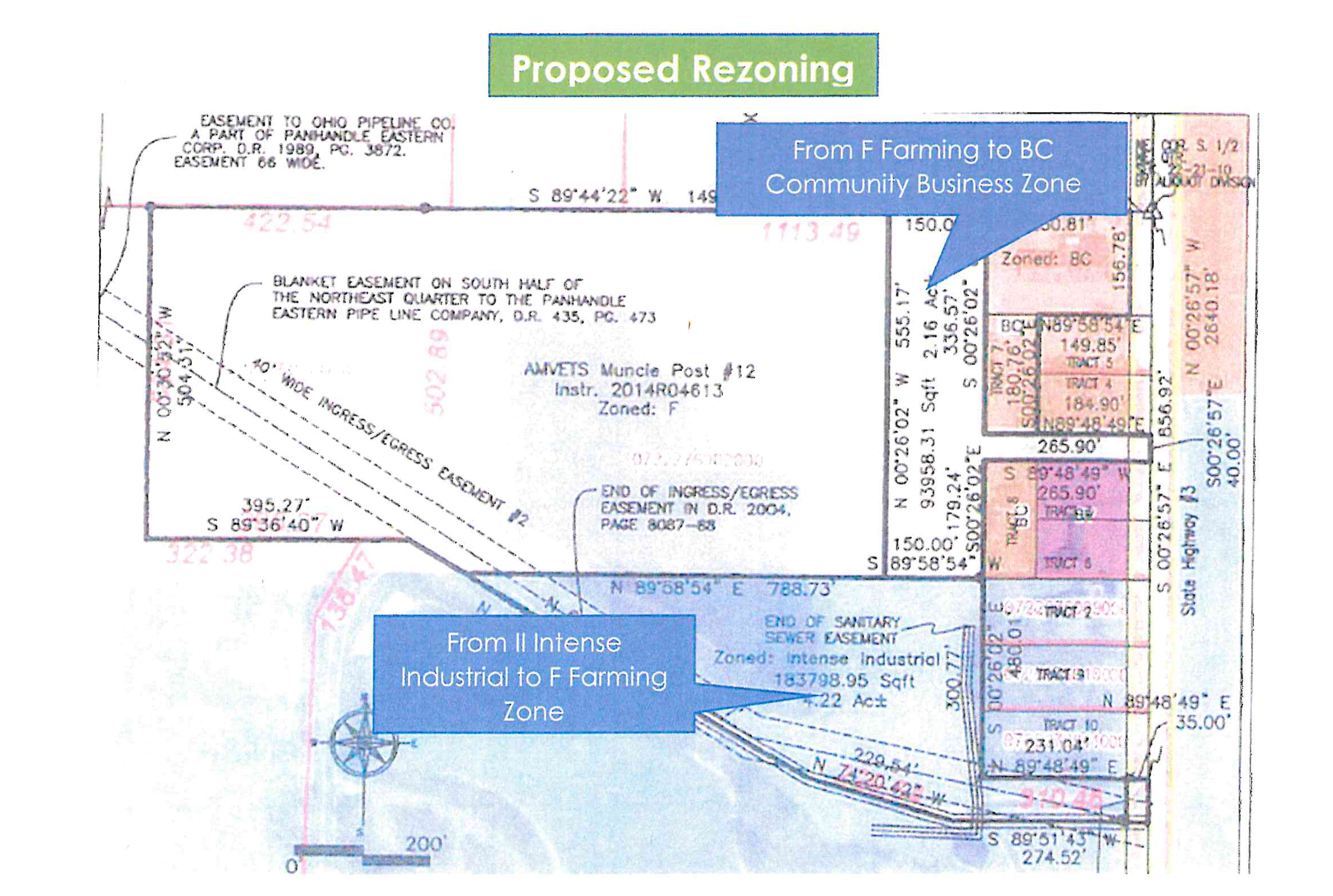 Proposed Rezoning Map showing rezoning details: From F Farming to BC Community Business Zone and From II Intense Industrial to F Farming Zone.