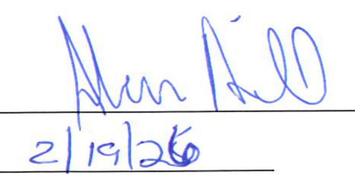 Signature of Alan Hill and handwritten date 2/19/26
