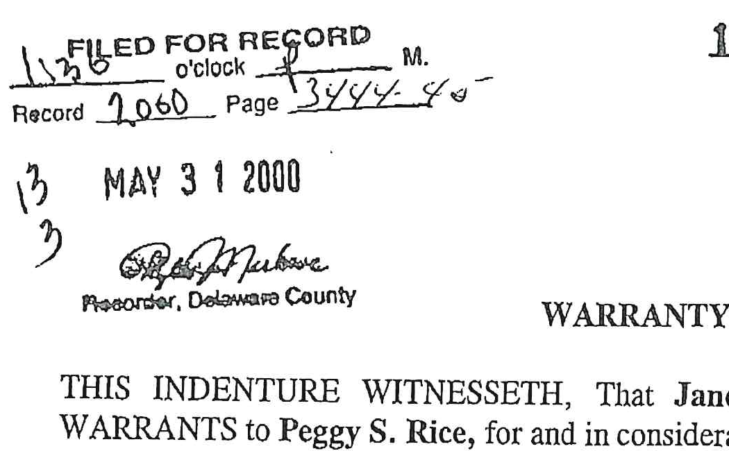 Recorder's stamp: Filed for Record May 31 2000, Record 2060 Page 3444-45, Rita M. N... Recorder, Delaware County