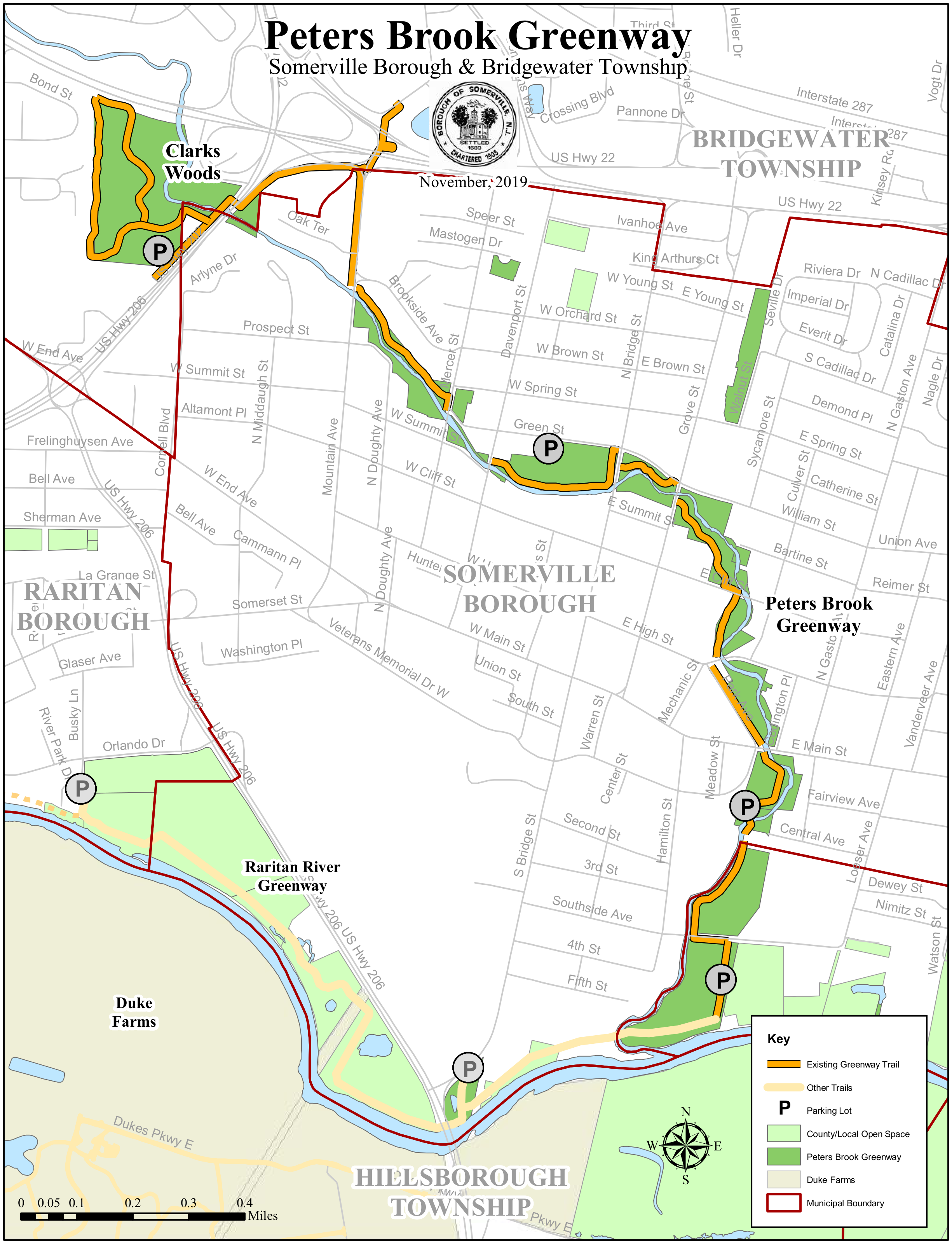 Peters Brook Greenway Map showing Somerville Borough, Bridgewater Township, Raritan Borough, and Hillsborough Township