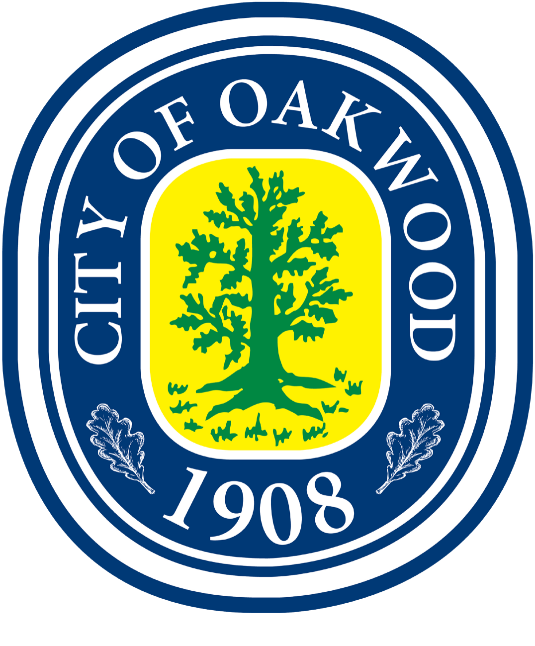 Official Seal of the City of Oakwood, established 1908, featuring an oak tree within a blue oval badge