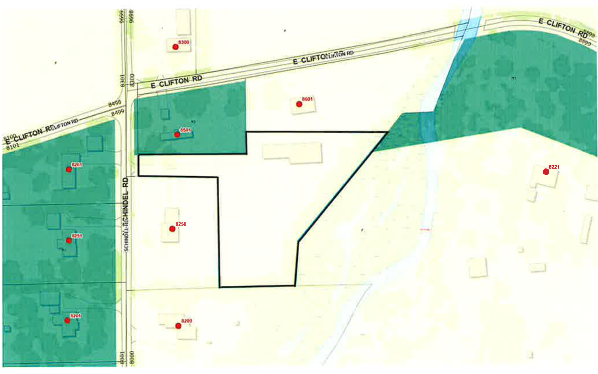 Zoning map showing the subject parcel outlined in black at 8601 Clifton Road in Delaware Township, situated near the intersection with Schindel-Schindel Road, with surrounding parcels, addresses, and zoning districts.