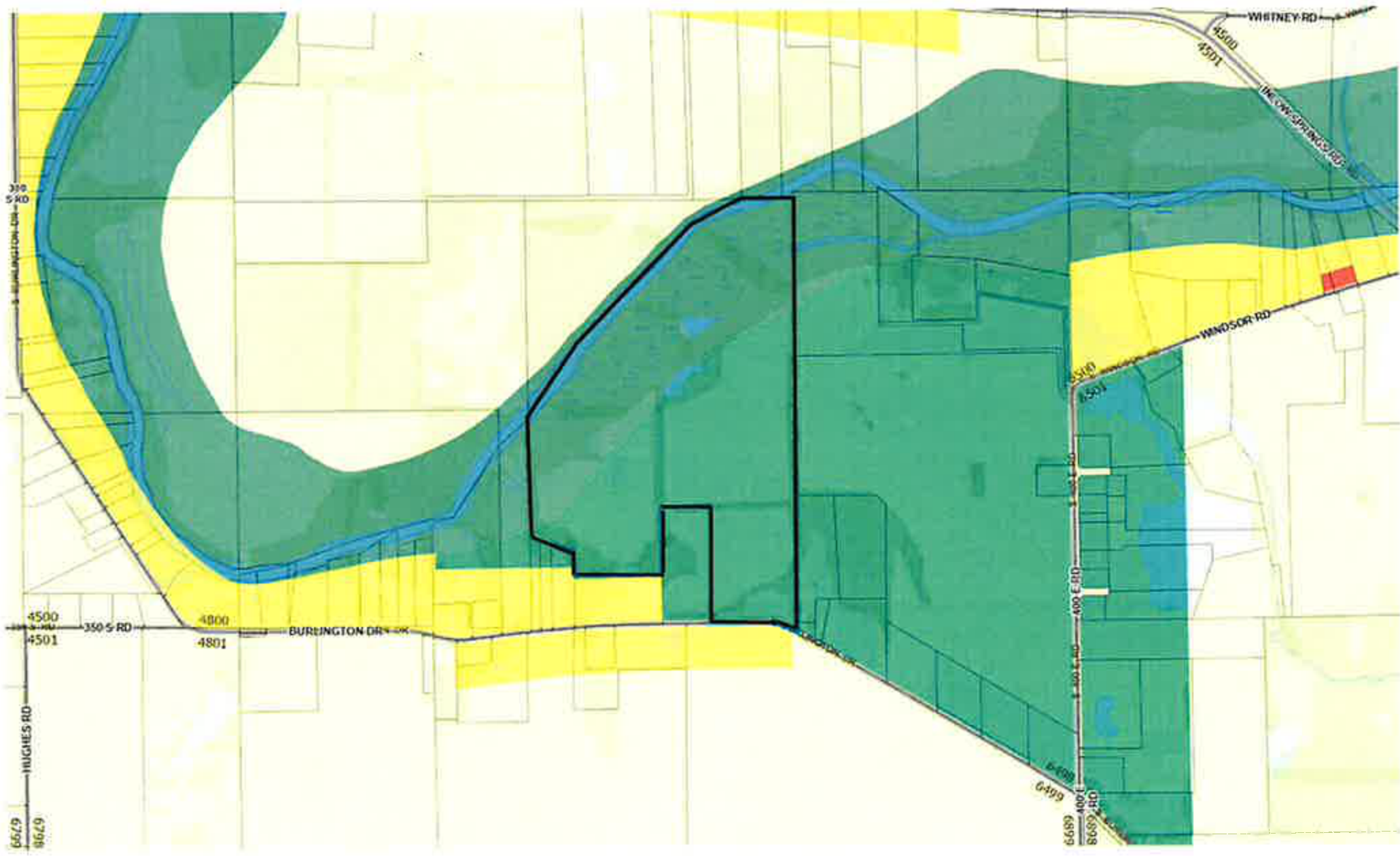 Zoning map showing the subject property along 5800 Block of South Burlington Drive in Perry Township, outlined with a solid black border along the river corridor, depicting zoning boundaries and surrounding roads.