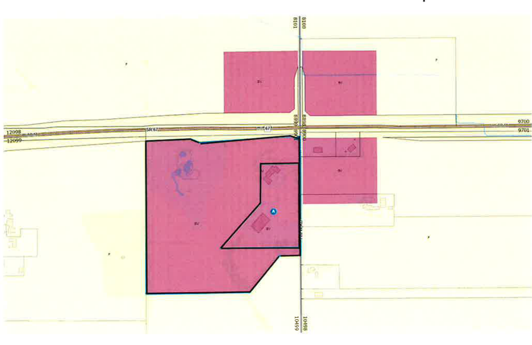 Zoning parcel map depicting 9001 S CR 700 W and adjacent parcel, with subject property highlighted along SR 67 and CR 700 W, showing current and proposed Variety Business Zone boundaries.