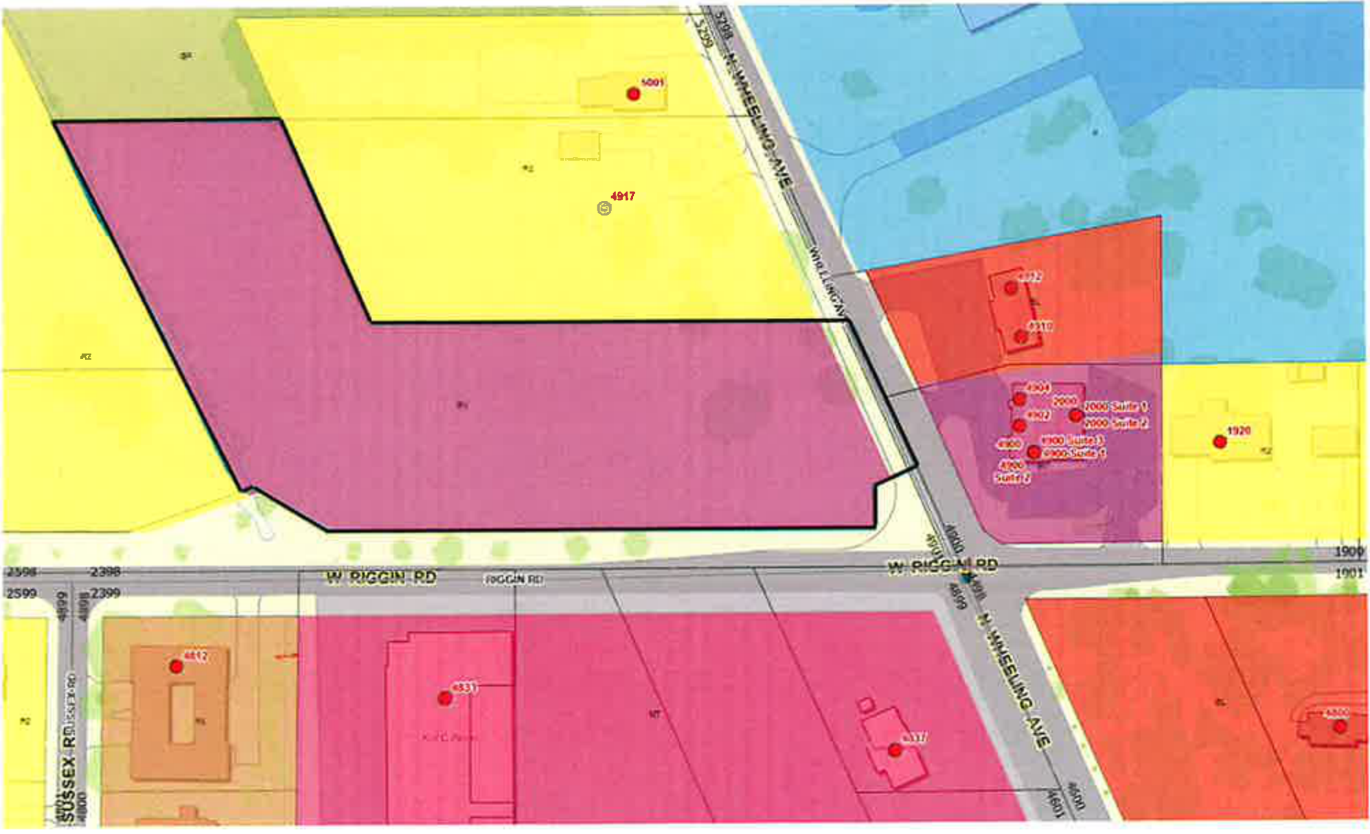 Zoning map for 4917 N Wheeling Ave at W Riggin Rd, showing the subject parcel outlined and shaded for requested zoning change from R-2 Residence Zone to BV Variety Business Zone.
