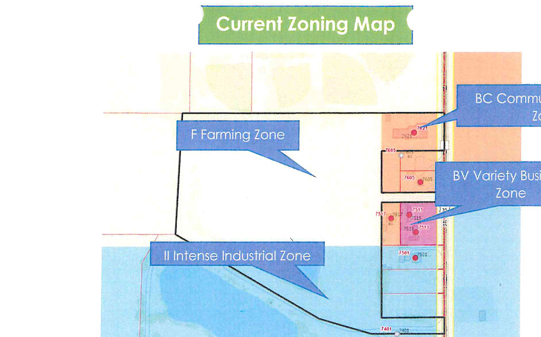 Current zoning map showing the F Farming Zone, II Intense Industrial Zone, BC Community Business Zone, and BV Variety Business Zone parcels along State Highway 3.