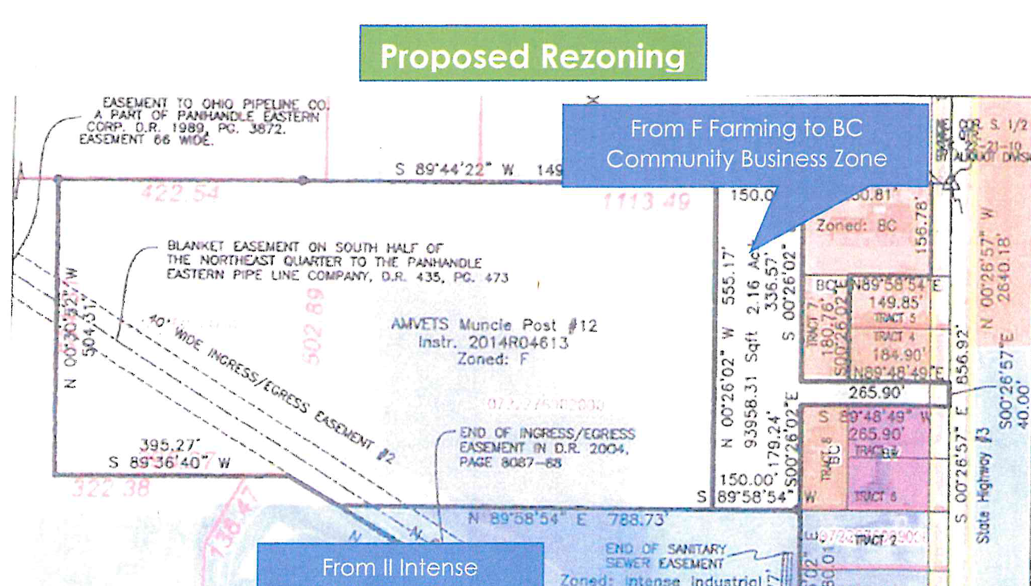 Proposed rezoning survey plat showing boundary changes: from F Farming to BC Community Business Zone along the highway frontage, and from II Intense Industrial to F Farming Zone for the remaining tract.