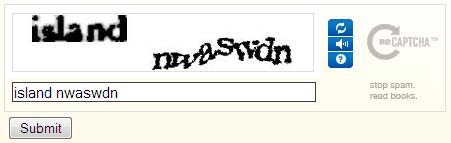 reCAPTCHA system interface showing words 'island nwaswdn'