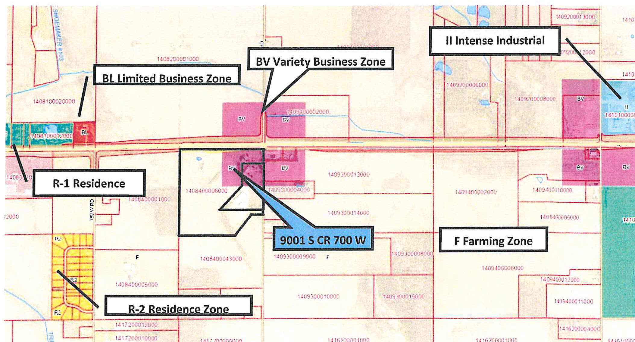 Zoning and parcel map identifying 9001 S CR 700 W and surrounding zoning districts