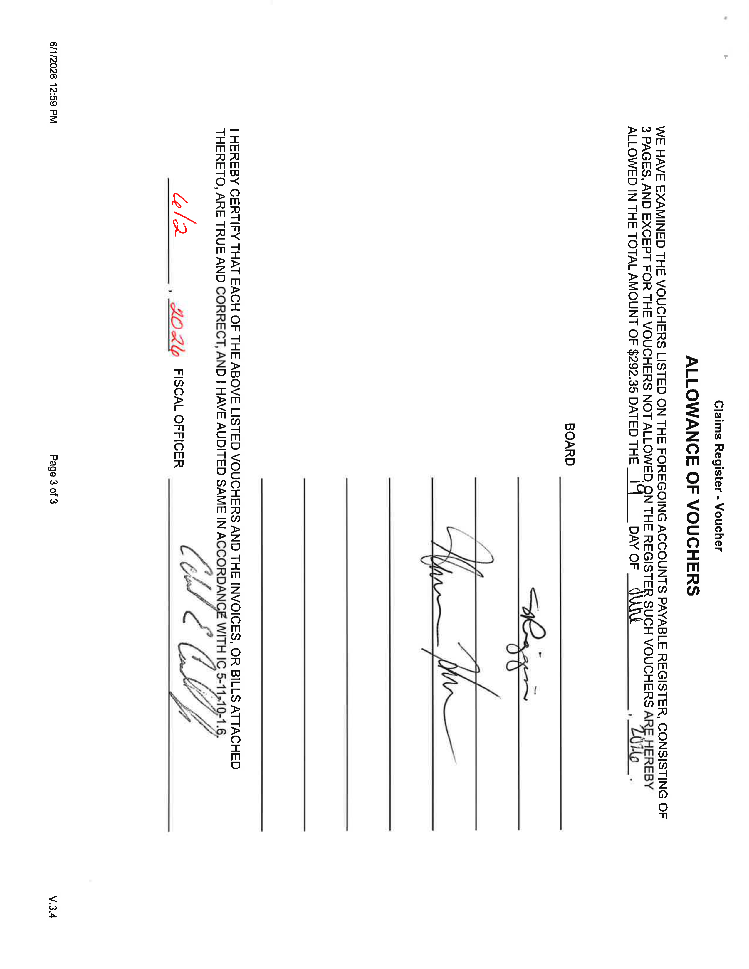 Scanned Allowance of Vouchers form with signatures and handwritten entries