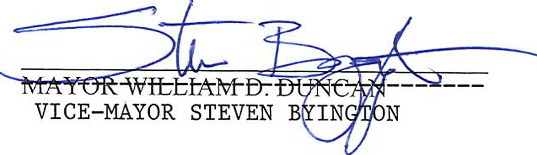 Signature of Vice-Mayor Steven Byington above crossed-out title Mayor William D. Duncan and typed title Vice-Mayor Steven Byington