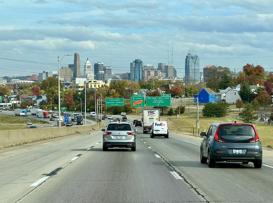 Highway view driving towards the Cincinnati skyline