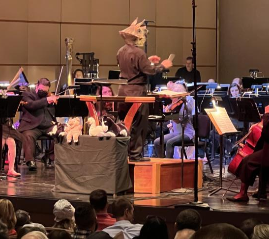 Conductor wearing mask conducting the orchestra stage with animal puppets