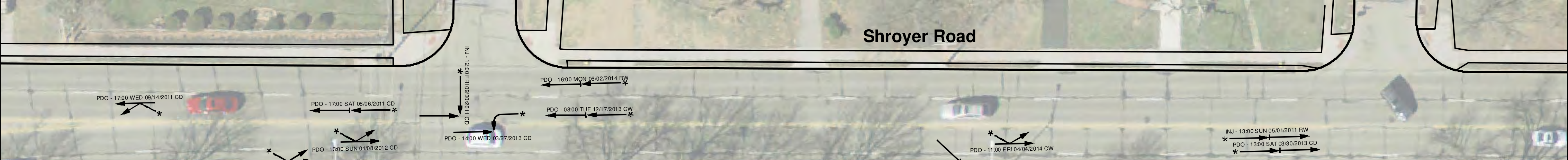 Crash diagram map, center section with aerial imagery, roads, labels, and crash annotations.