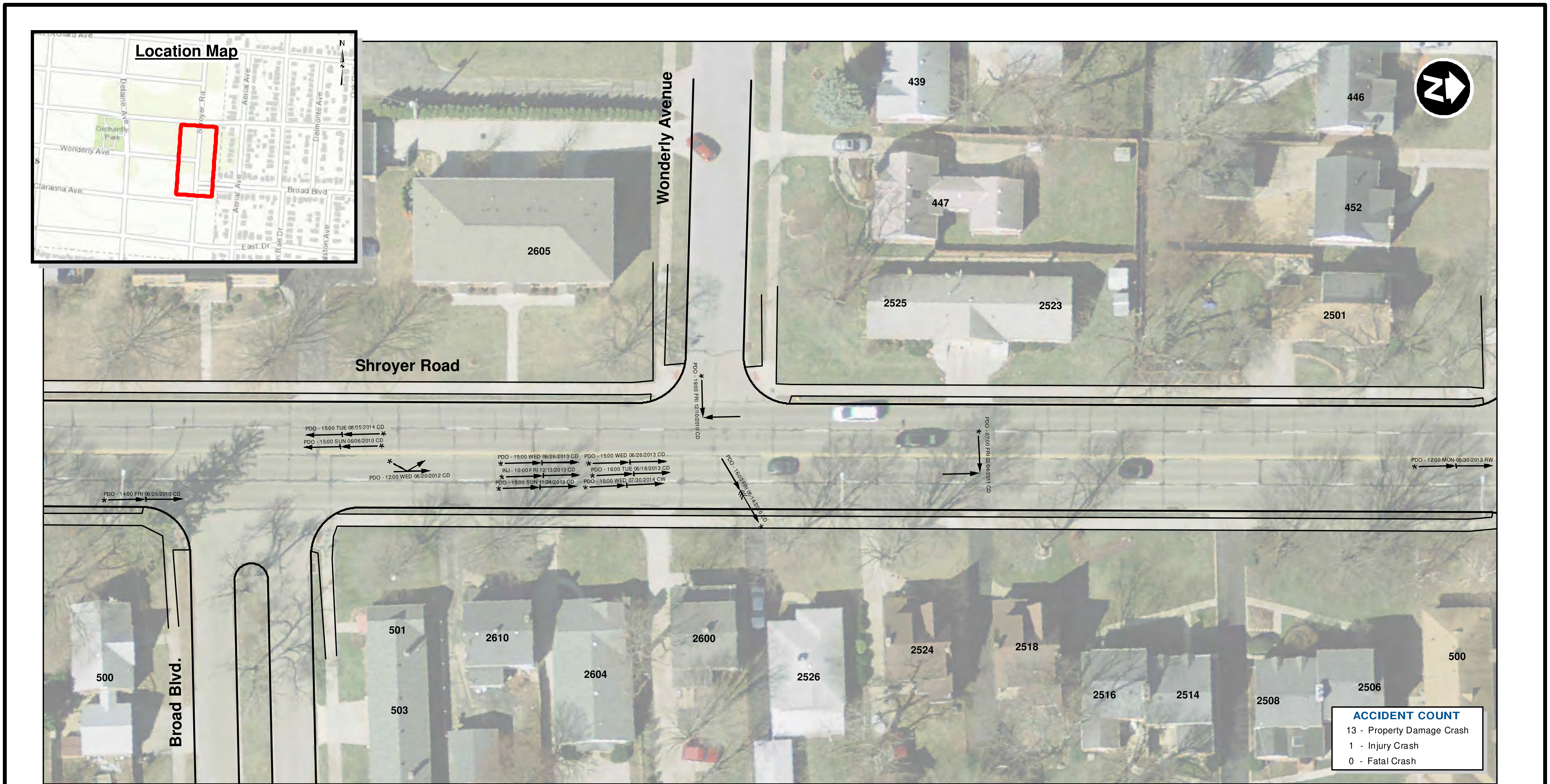 Crash Diagram Aerial Map showing crash locations along Shroyer Road, Wonderly Avenue, Broad Blvd, location inset map, and accident summary count