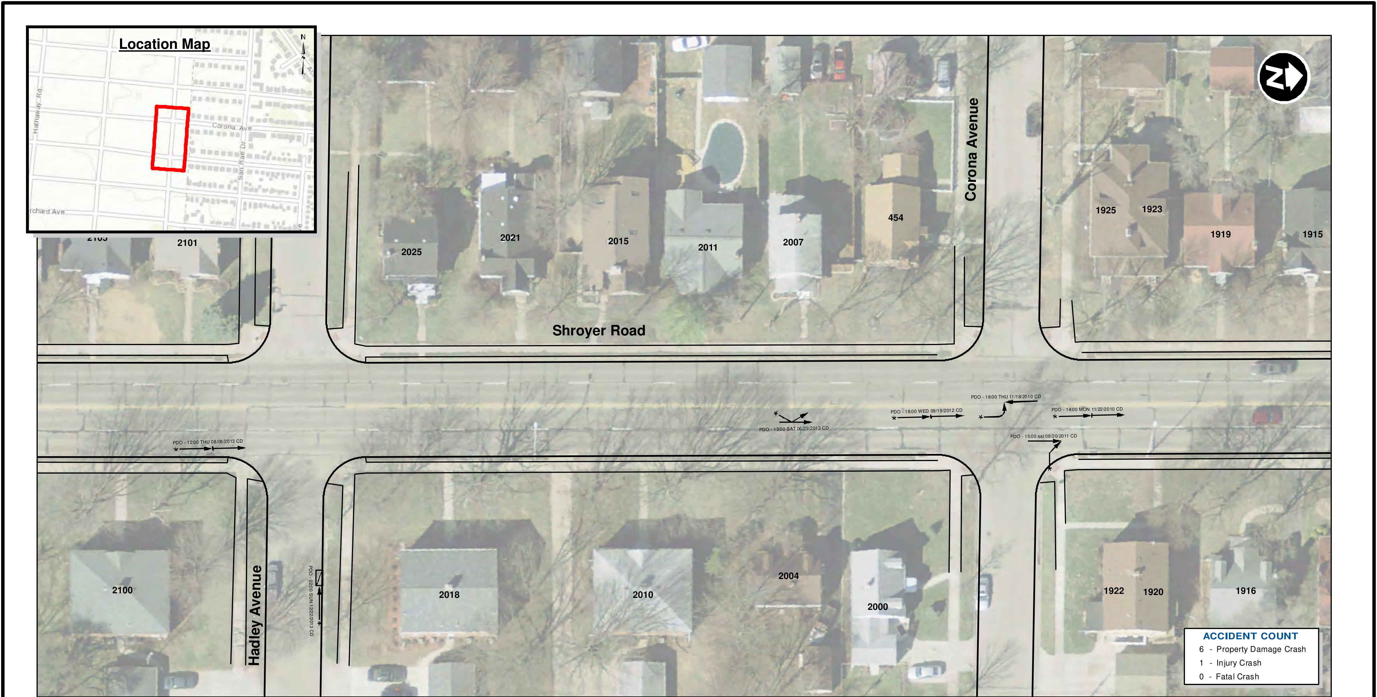 Crash Diagram Map showing Shroyer Road, Corona Avenue, and Hadley Avenue with crash vectors and property numbers