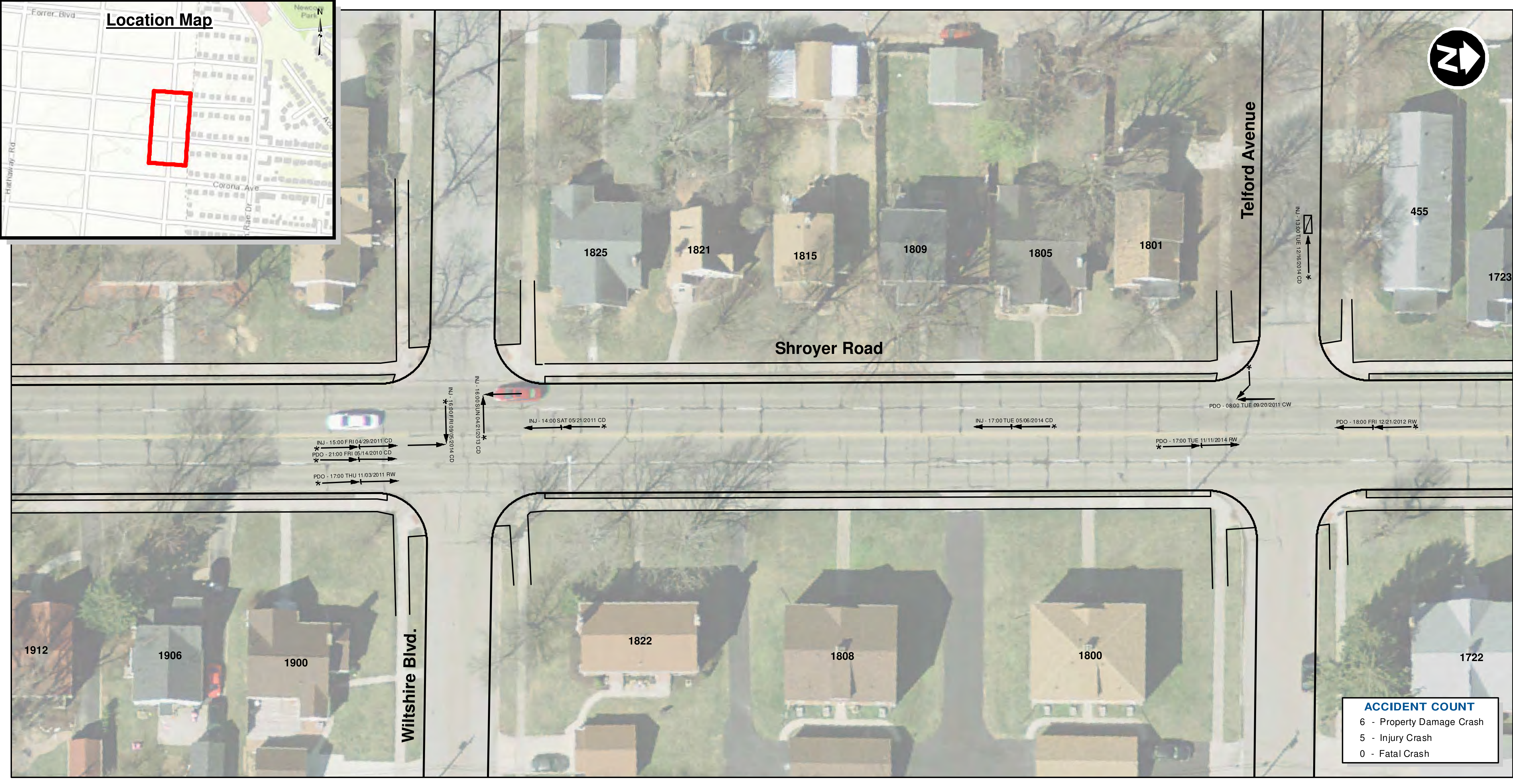Crash Diagram map for Shroyer Road showing aerial imagery, house numbers, crash annotations, location map inset, and accident count box