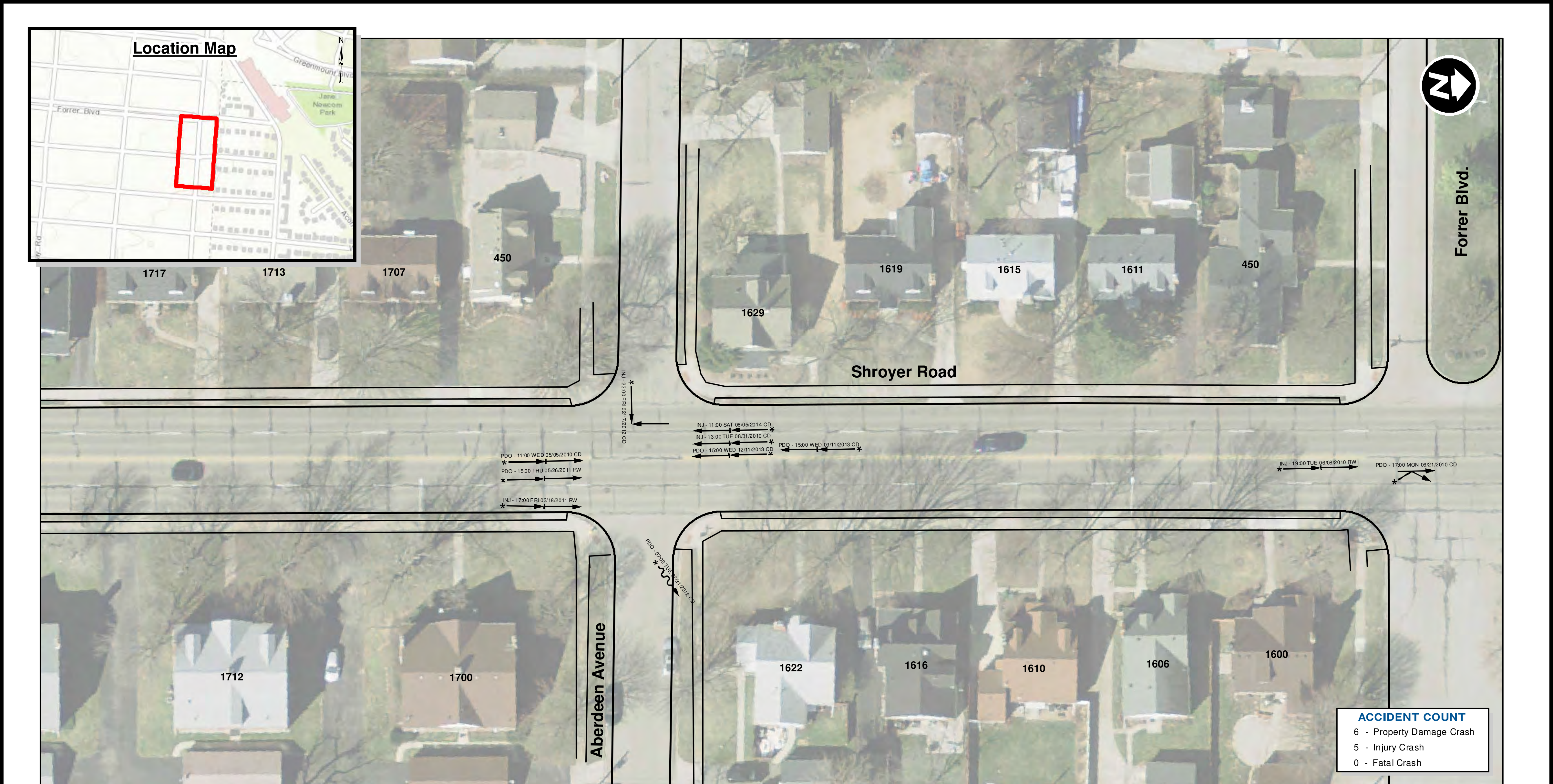 Crash Diagram Aerial Map showing Shroyer Road, Aberdeen Avenue, and Forrer Blvd. with crash locations, dates, severity, and accident counts.