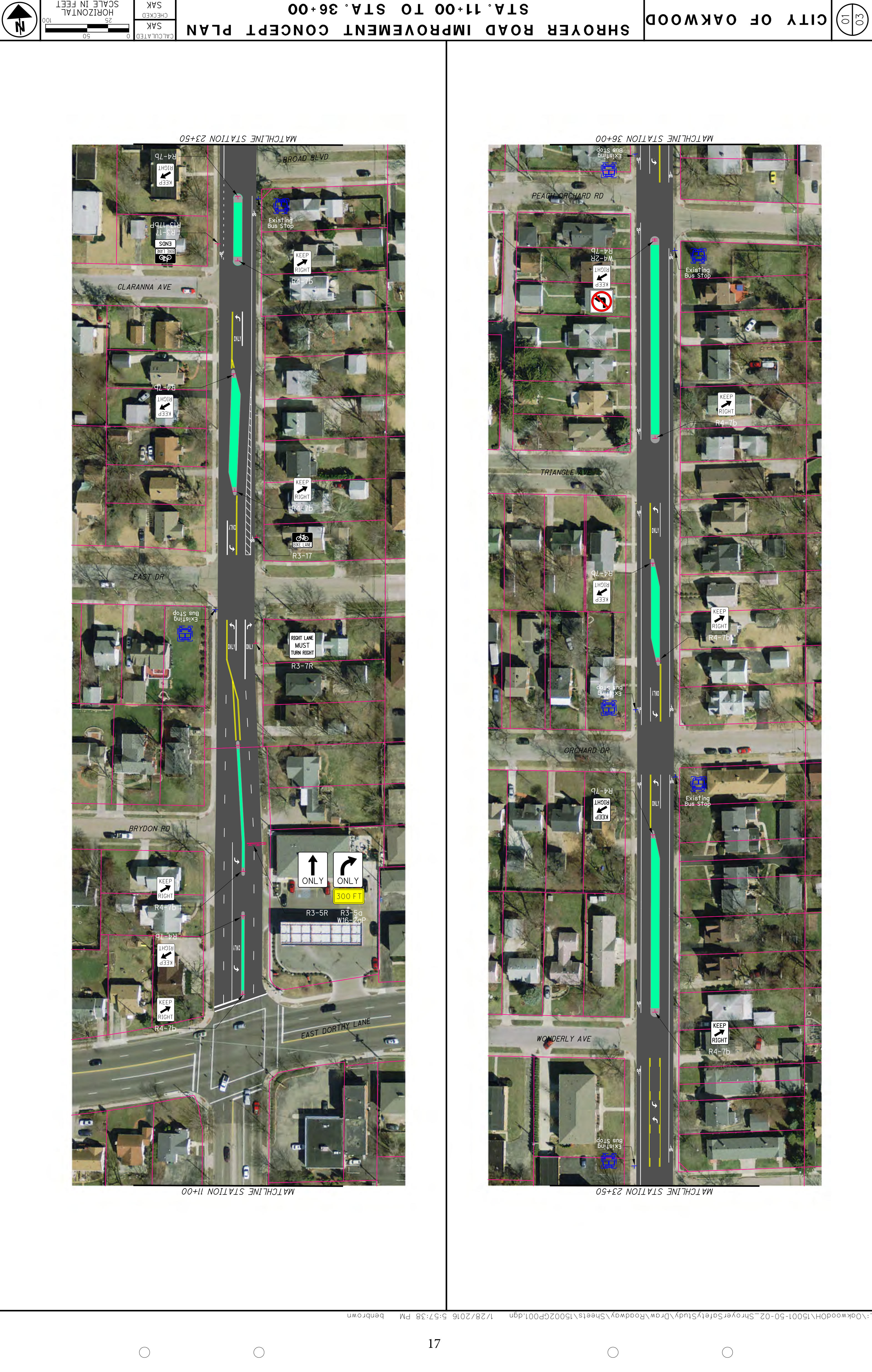 Shroyer Road Improvement Concept Plan Engineering Drawing Sheet showing STA. 11+00 to STA. 36+00 with lane configurations, bicycle lanes, turn lanes, and signage.