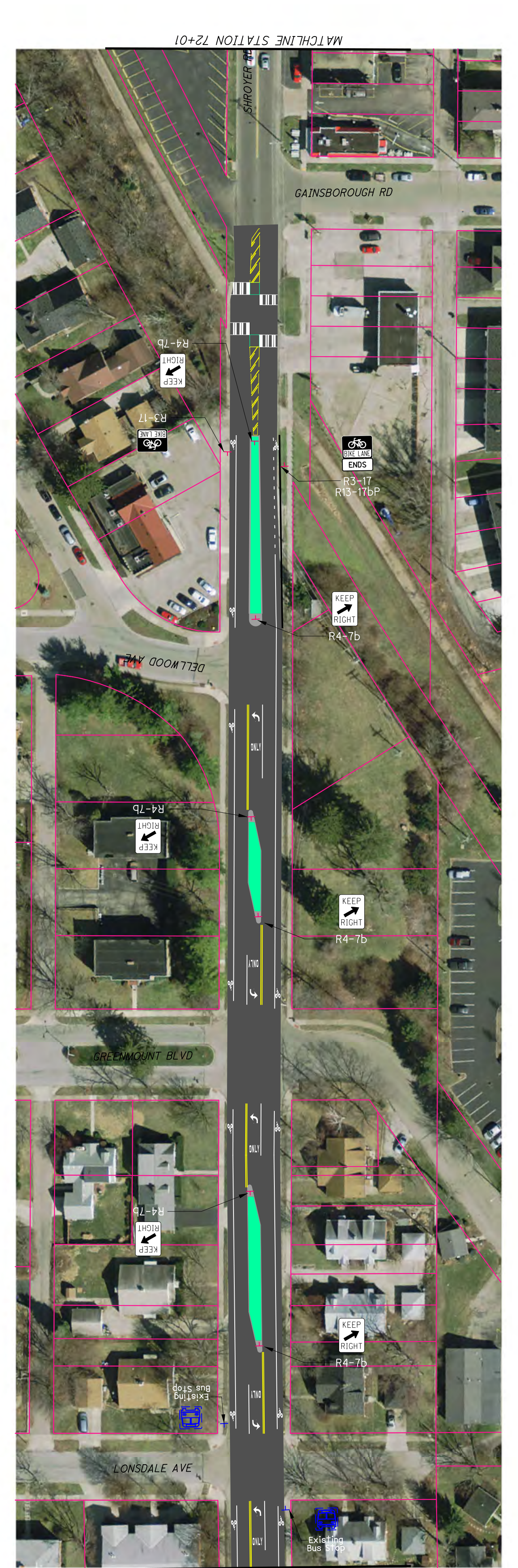 Aerial map concept plan for Shroyer Road from Station 61+00 to 72+00