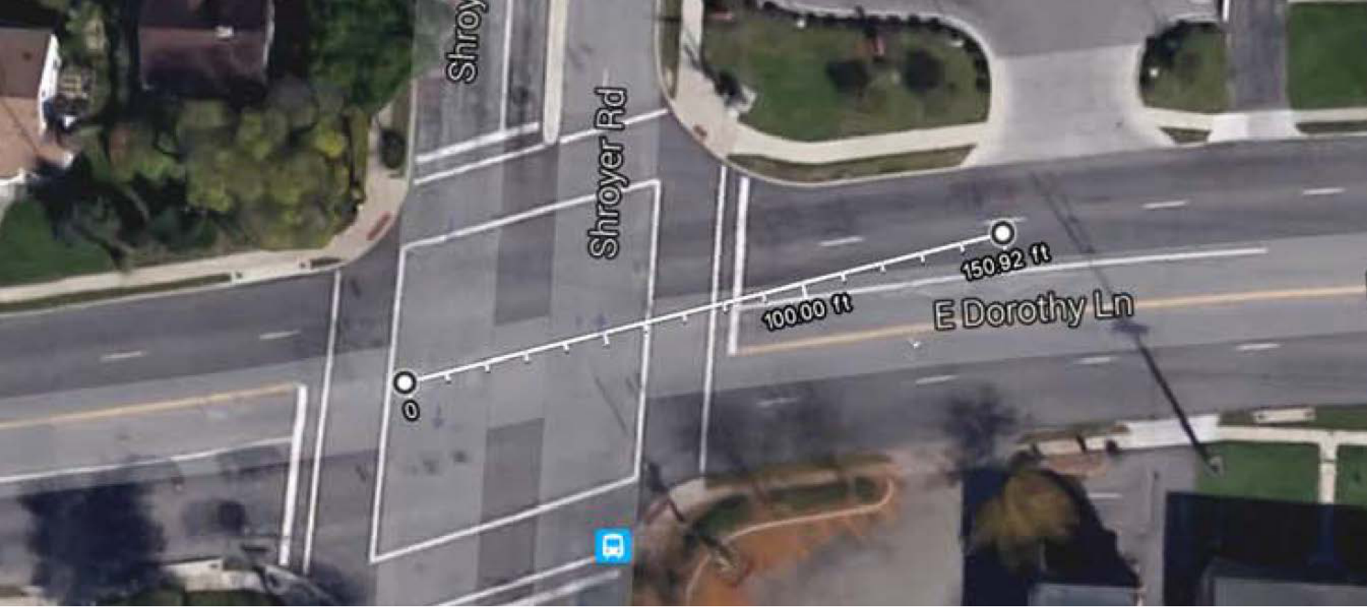 Figure 6: Aerial map view showing Eastbound Left Turn Sight Stopping Distance (SSD) measurement of 150.92 feet at the intersection of Shroyer Rd and E Dorothy Ln.