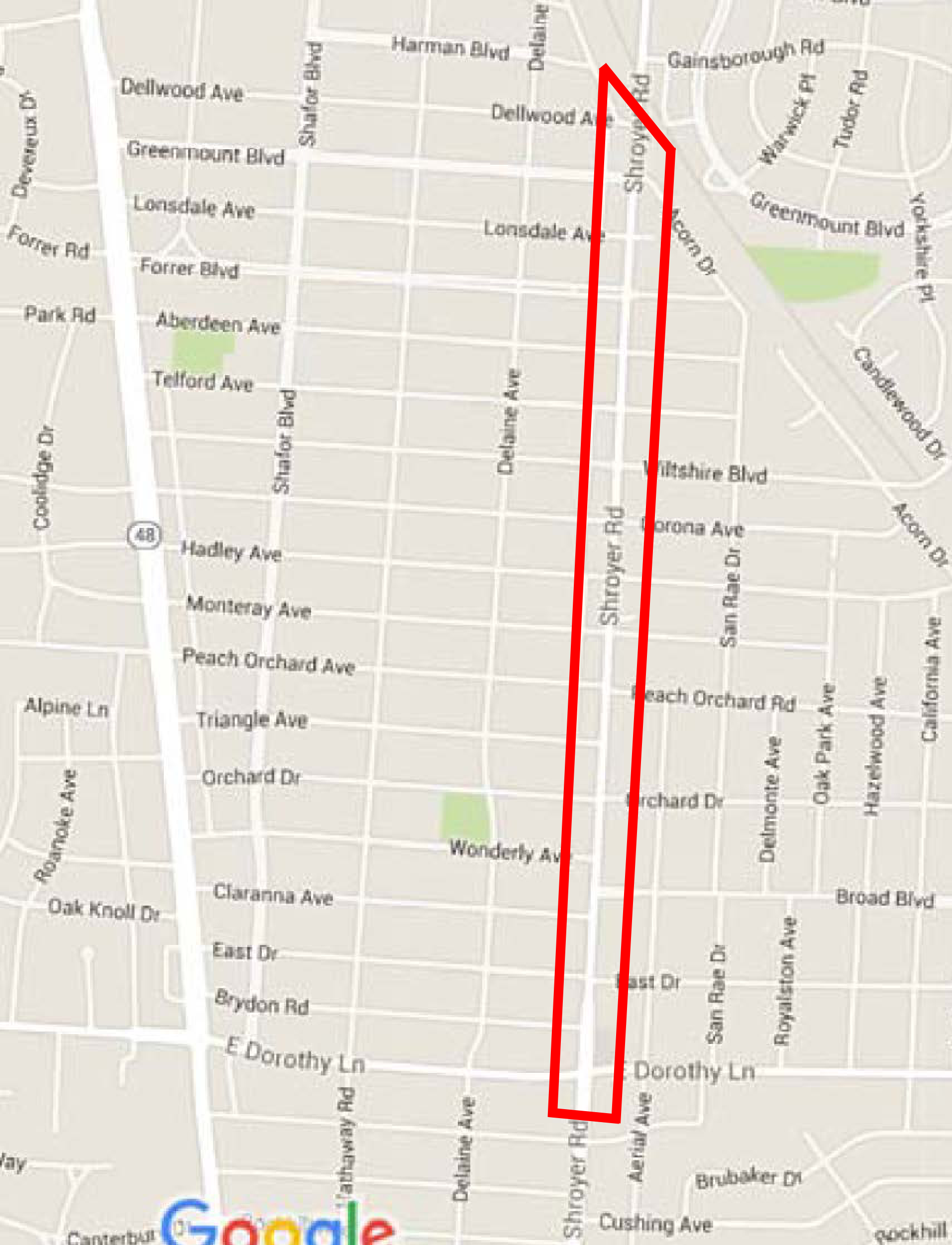 Study area map displaying Shroyer Road outlined in red within a neighborhood street grid