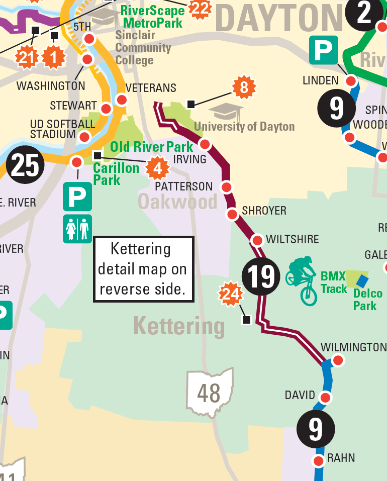 MVRPC Bikeway Map showing Kettering, Dayton, and surrounding areas with bike routes, parks, and landmarks