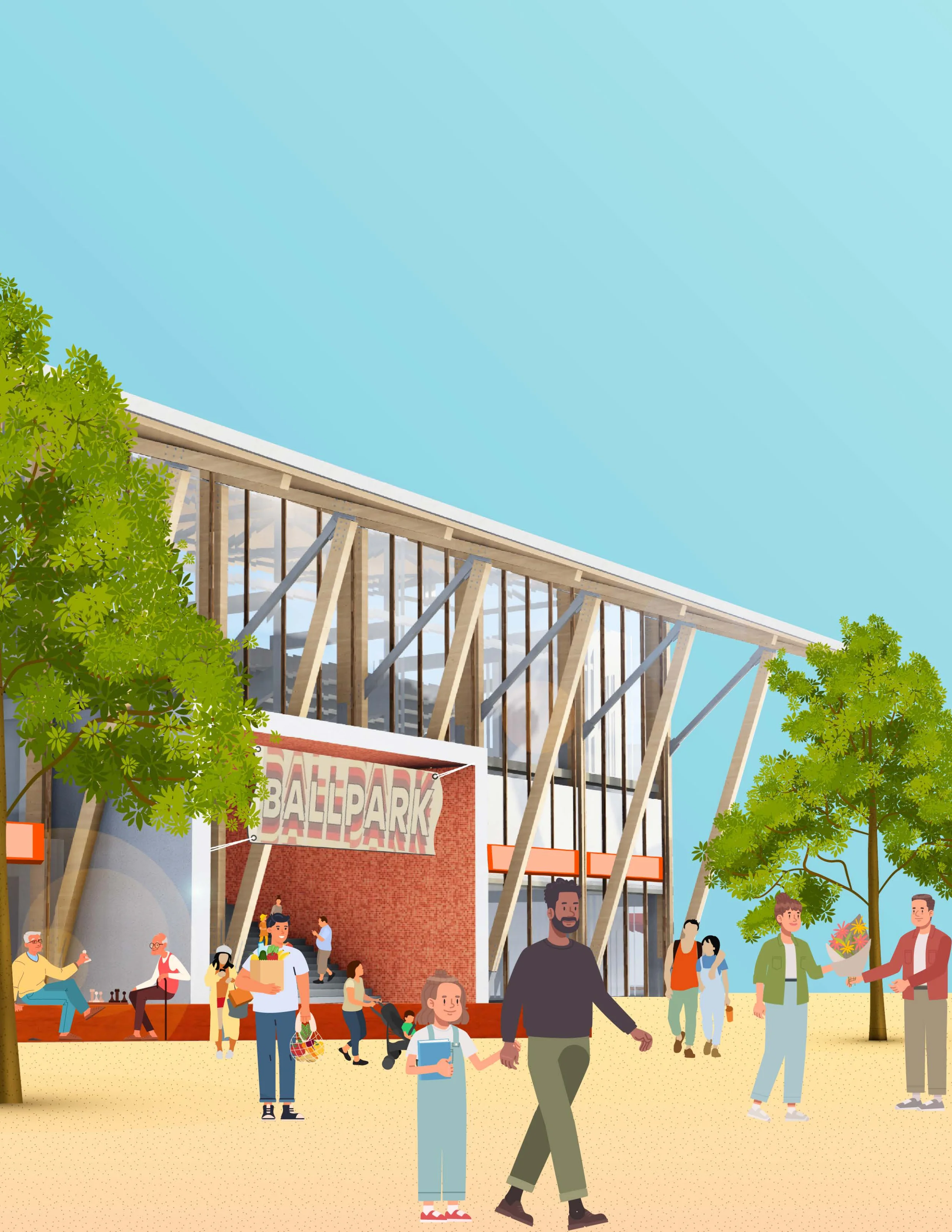 Architectural illustration of the Ballpark NEXT community plaza with people walking, sitting, enjoying outdoor spaces, and the Ballpark building in the background