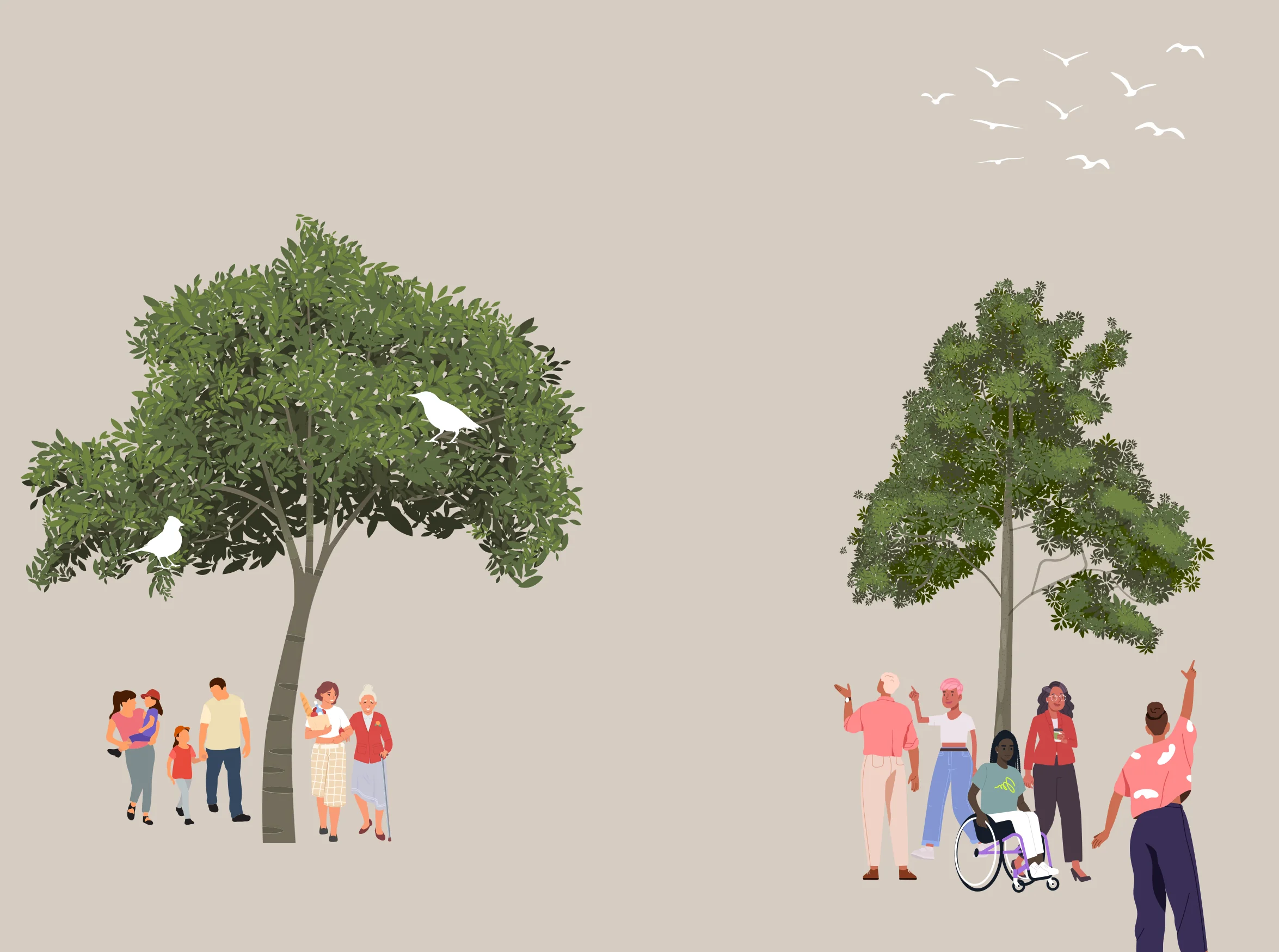 Illustration of trees, flying birds, and diverse people in a community park setting