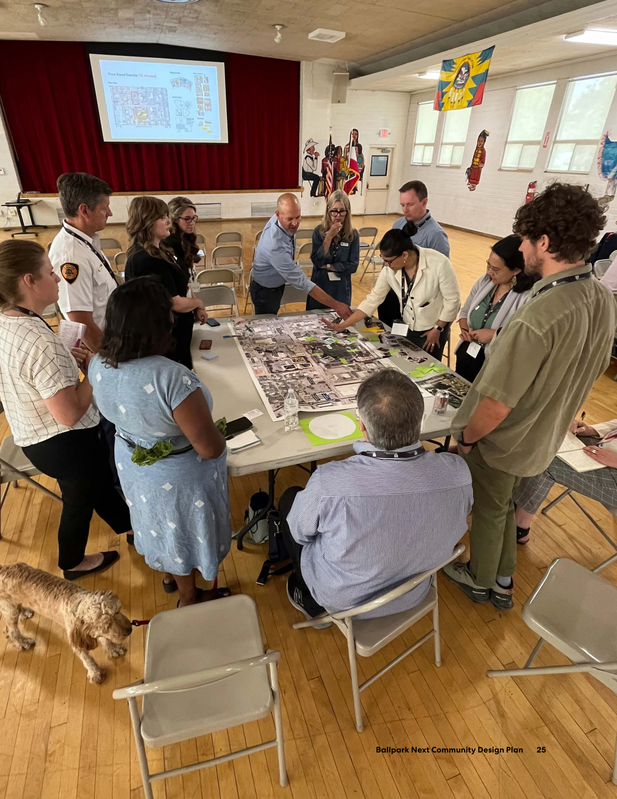 A break out group from the first Ballpark NEXT stakeholder ideation gathered around a table examining architectural plans and maps.