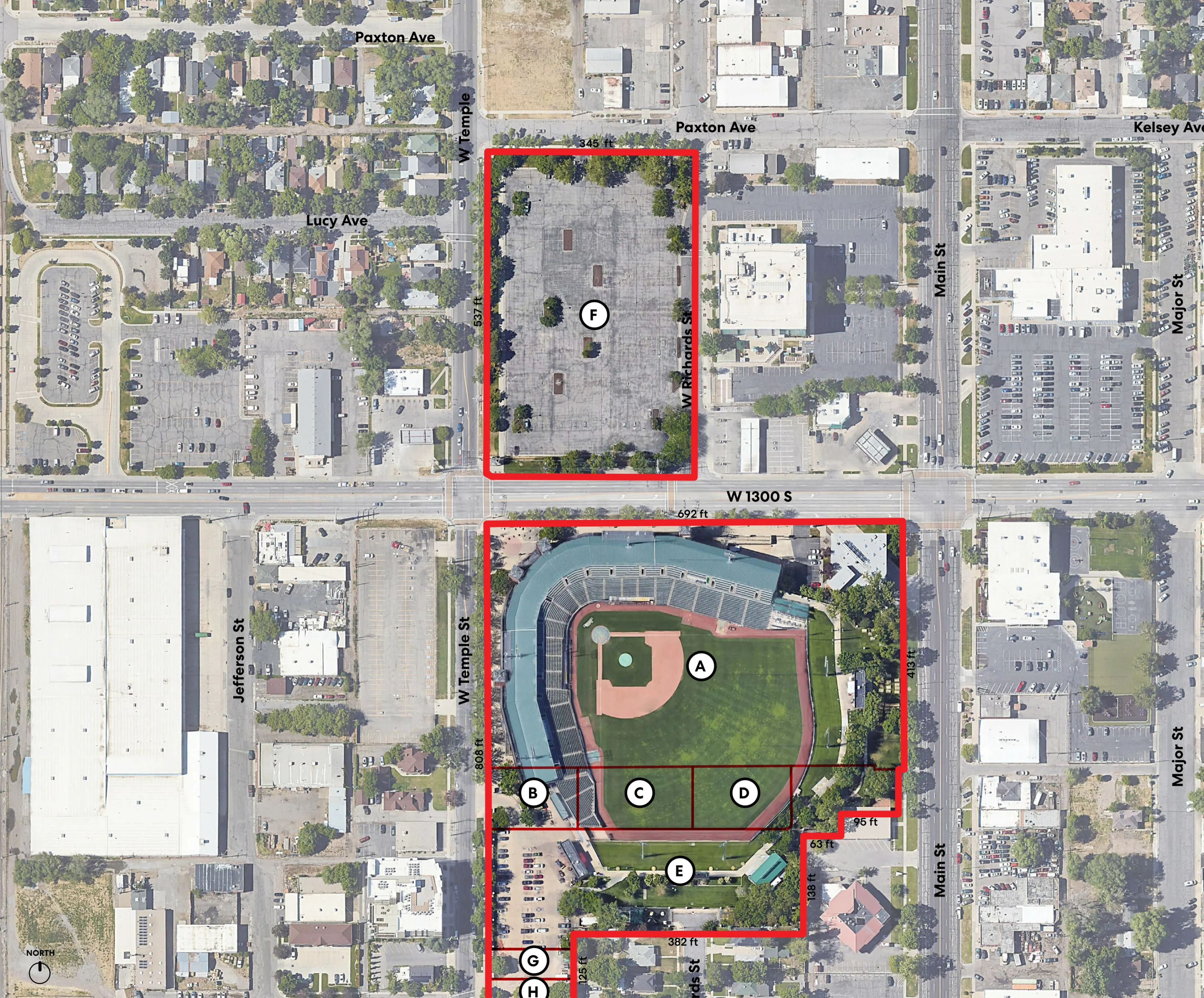 Aerial map of the Ballpark NEXT site, with red boundaries around two blocks, surrounding streets, and parcels A through H