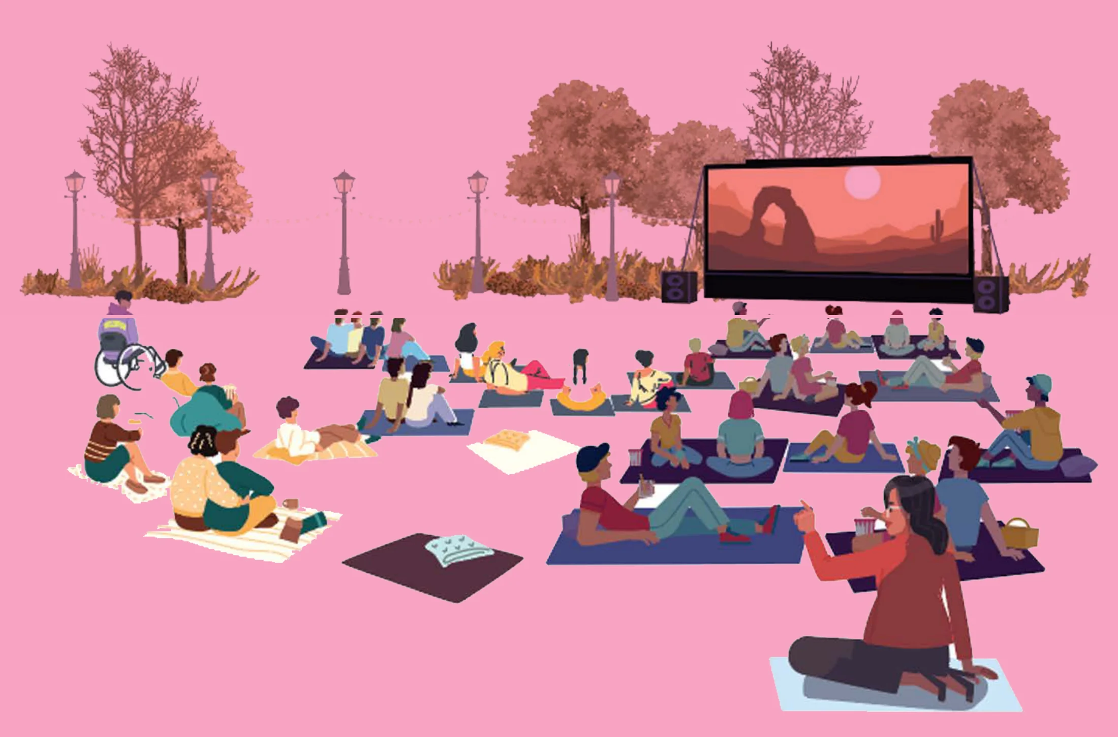 Illustration of people gathered on blankets outdoors in a park setting, watching a movie projected on a large screen among trees and lampposts