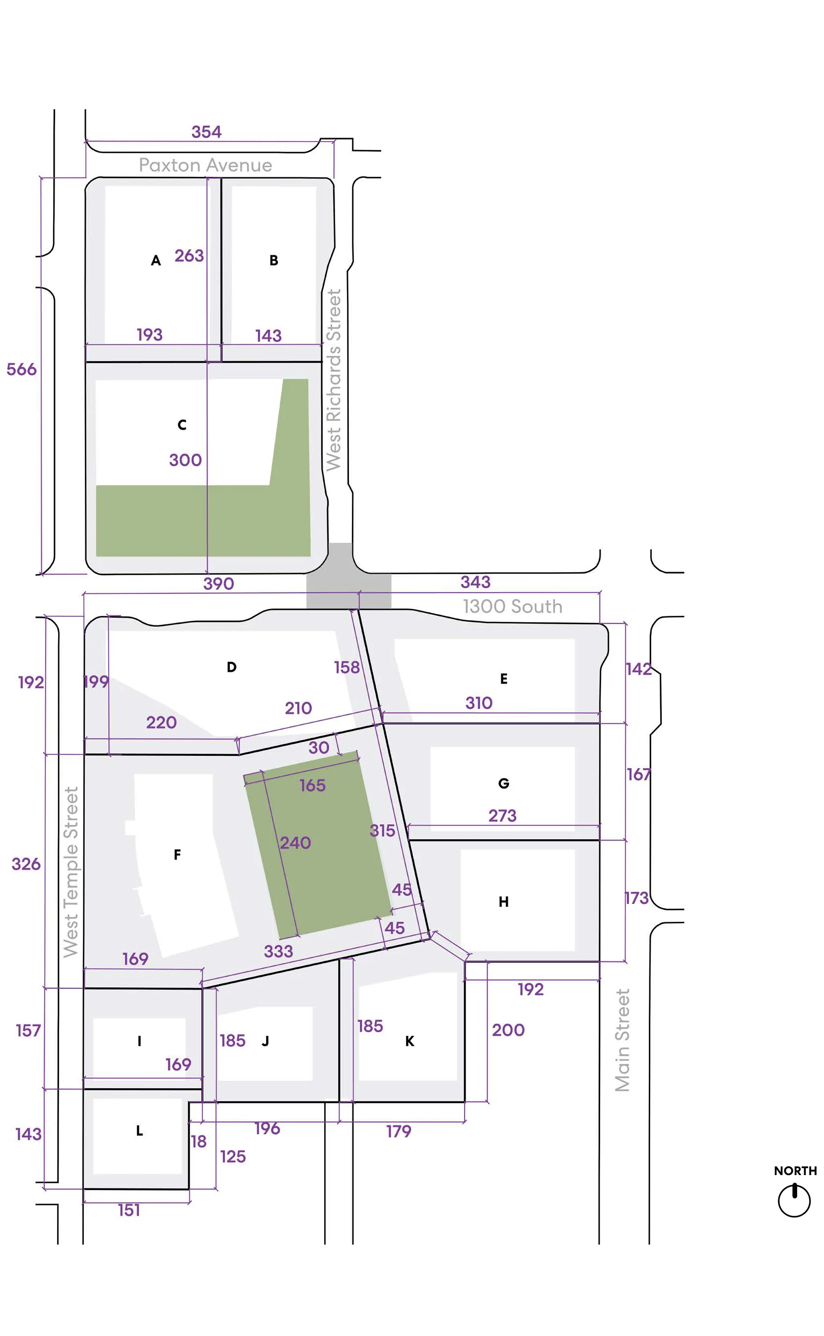 Site plan diagram showing parcels A through L, surrounding streets, two green park spaces, dimension annotations, and a north arrow.