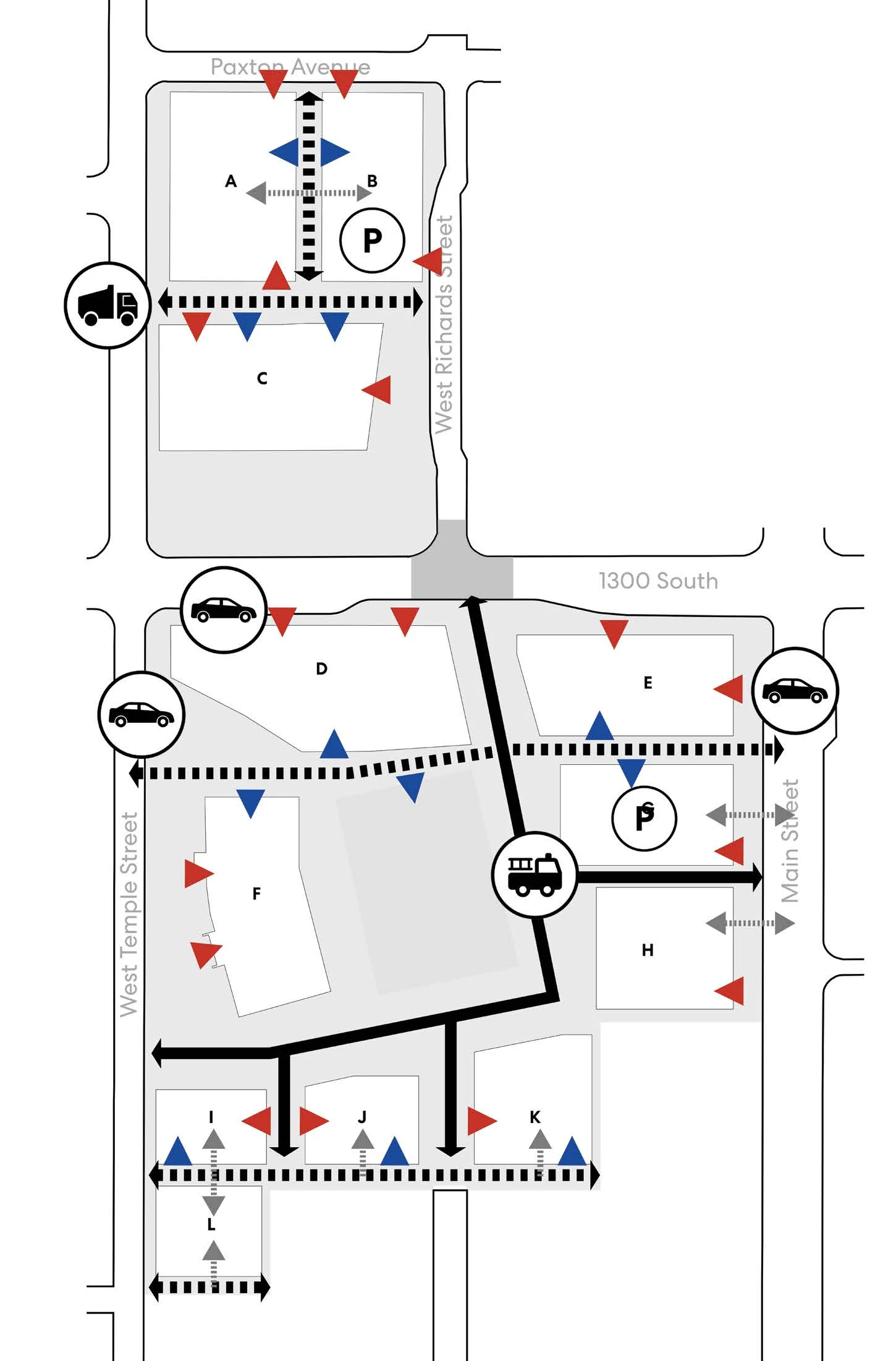 Service and access map showing emergency access streets, service entries, lobby entries, vehicle access, and parking garages across the Ballpark district.