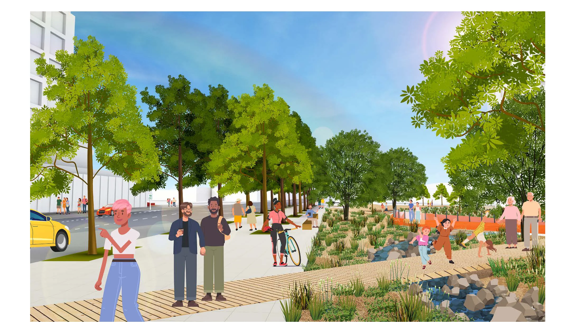 An illustrative vignette showing a wide, active, tree-lined pedestrian promenade along 1300 South with people walking, biking, and gathering near natural landscaping.