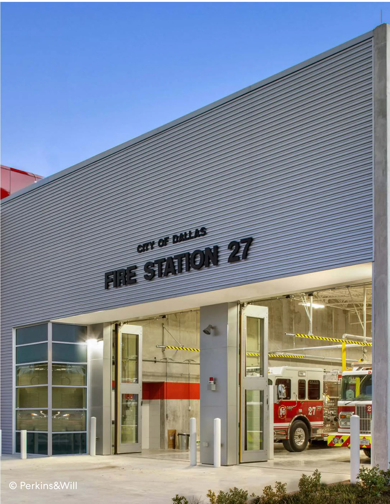 City of Dallas Fire Station 27 exterior showing vehicle bays and facility design