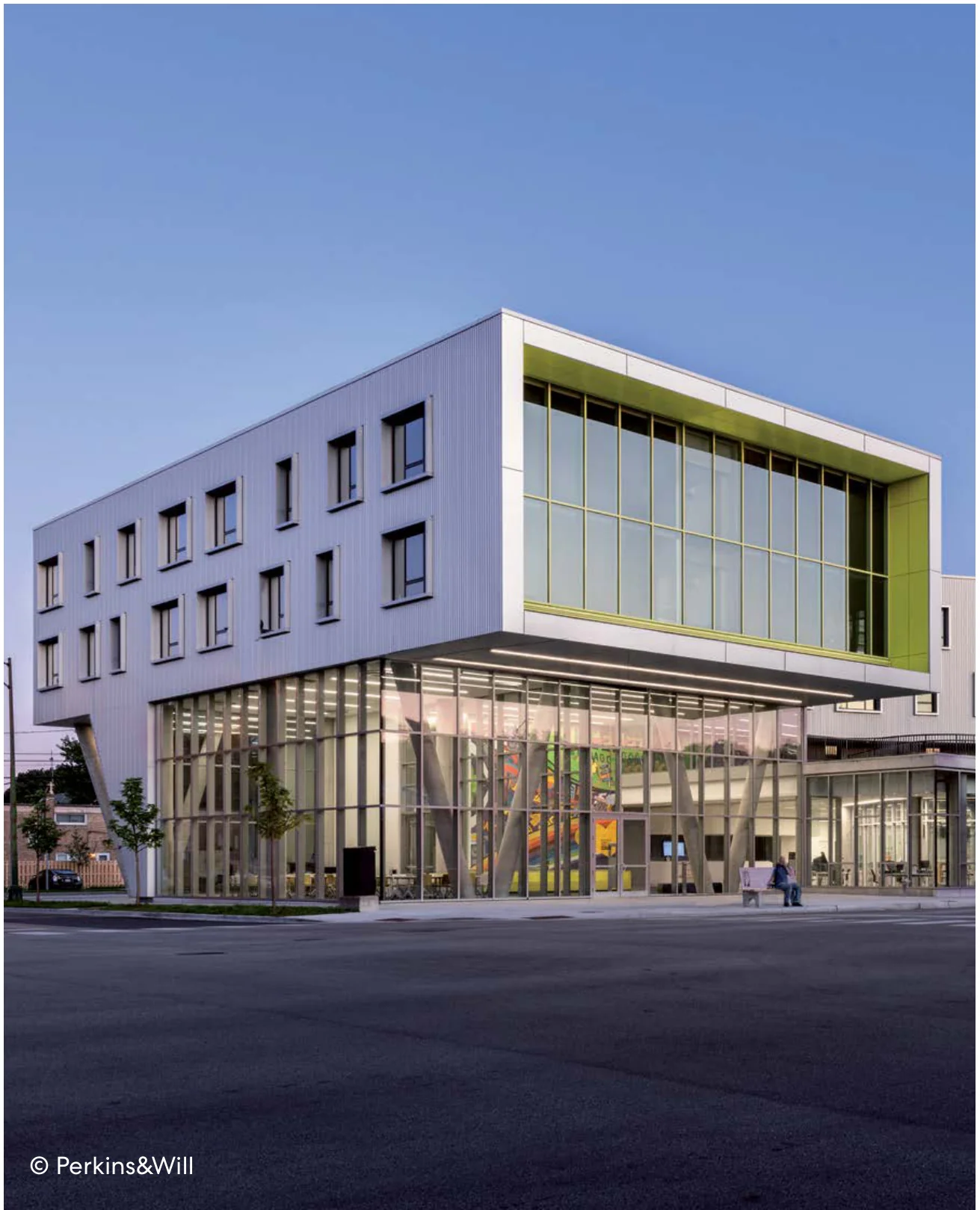 Northtown Library in Chicago featuring multi-story co-located senior housing above a glass-fronted public library