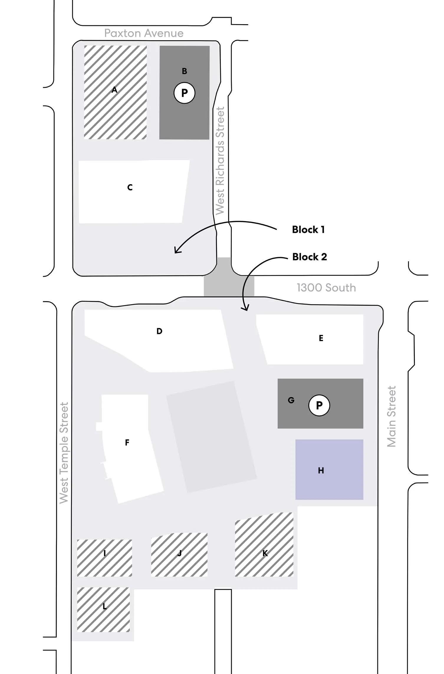 Parking framework map, north up, showing Block 1 north of 1300 South and Block 2 south of it, parcels A through L, surrounding streets, parking symbols, and a north indicator.