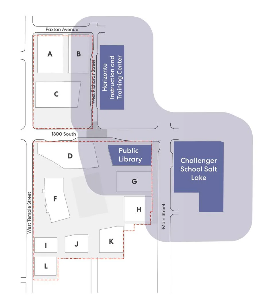 Site map illustrating community facilities: Horizonte Instruction and Training Center, Challenger School Salt Lake, and the proposed Public Library at 1300 South and Main Street with initial proximity buffer zones highlighted around them.