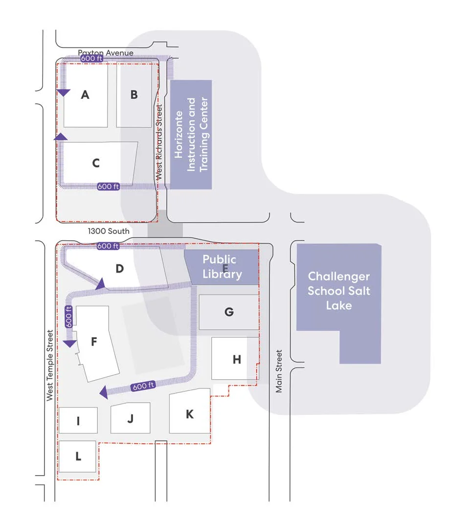 Site map illustrating 600-foot pedestrian walking buffer paths measured from protected community location boundaries across the site blocks.