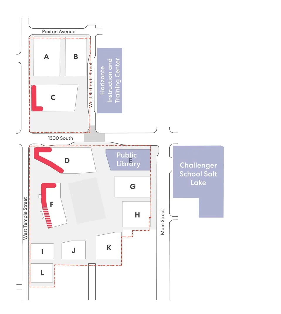 Site plan showing allowable frontages: parcel C west and south edges and parcel D/F frontages for restaurants serving alcohol; select southwest frontage on parcel F for all other alcohol outlets.