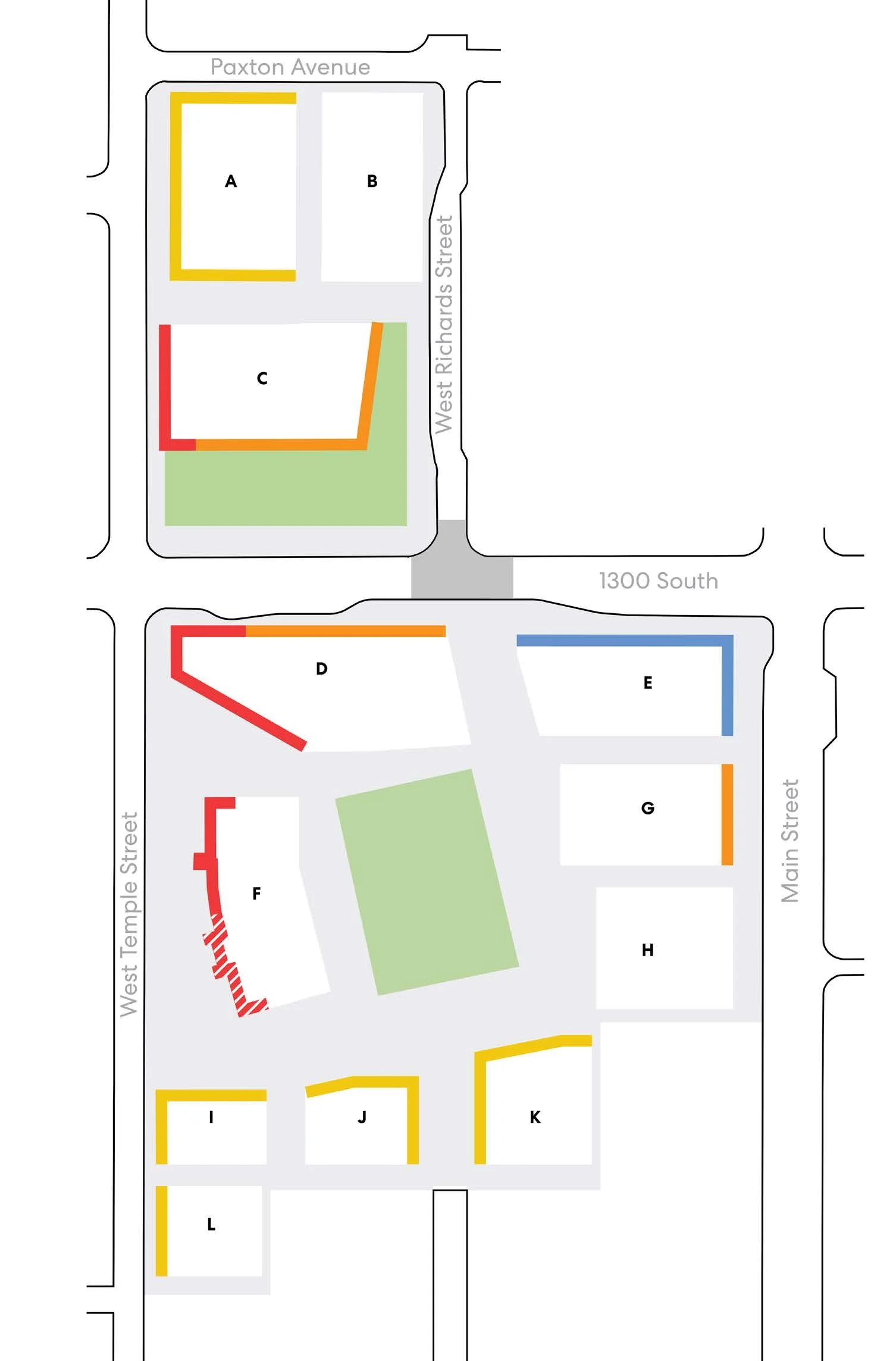 Ground-floor-use map showing buildings A through L and colored frontage and entry categories; see the Accessible view below for a structured description of the streets and building associations.