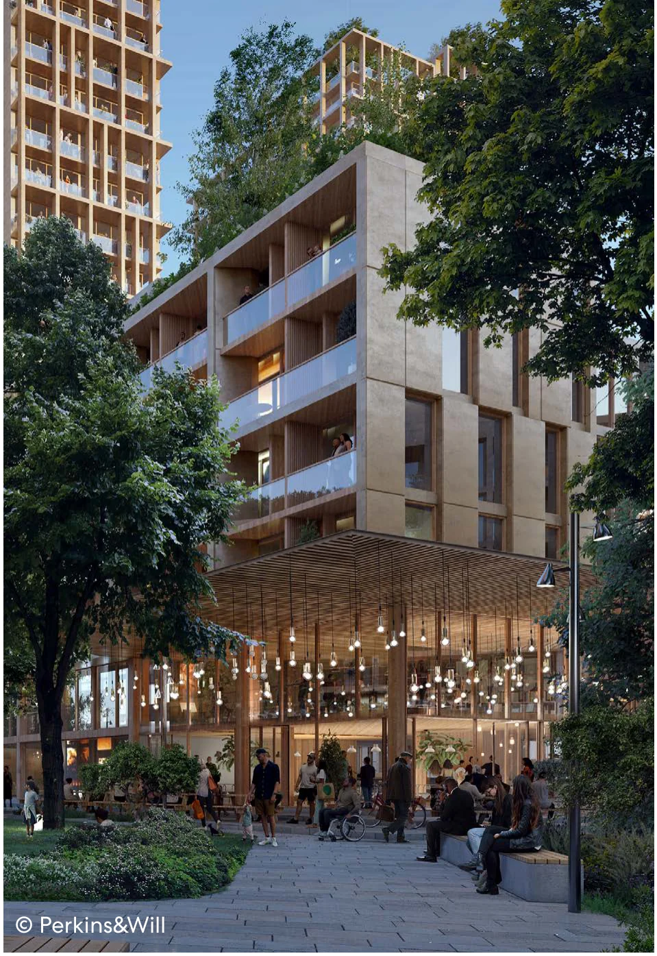 Architectural rendering of timber mid-rise building with active ground floor public space