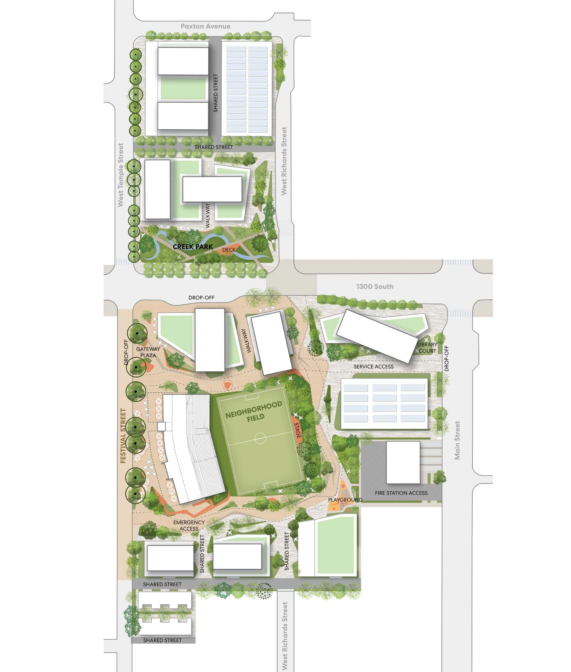 Ballpark Next Landscape Framework Plan illustrating street trees, hardscape, softscape, neighborhood field, creek park, and urban elements.