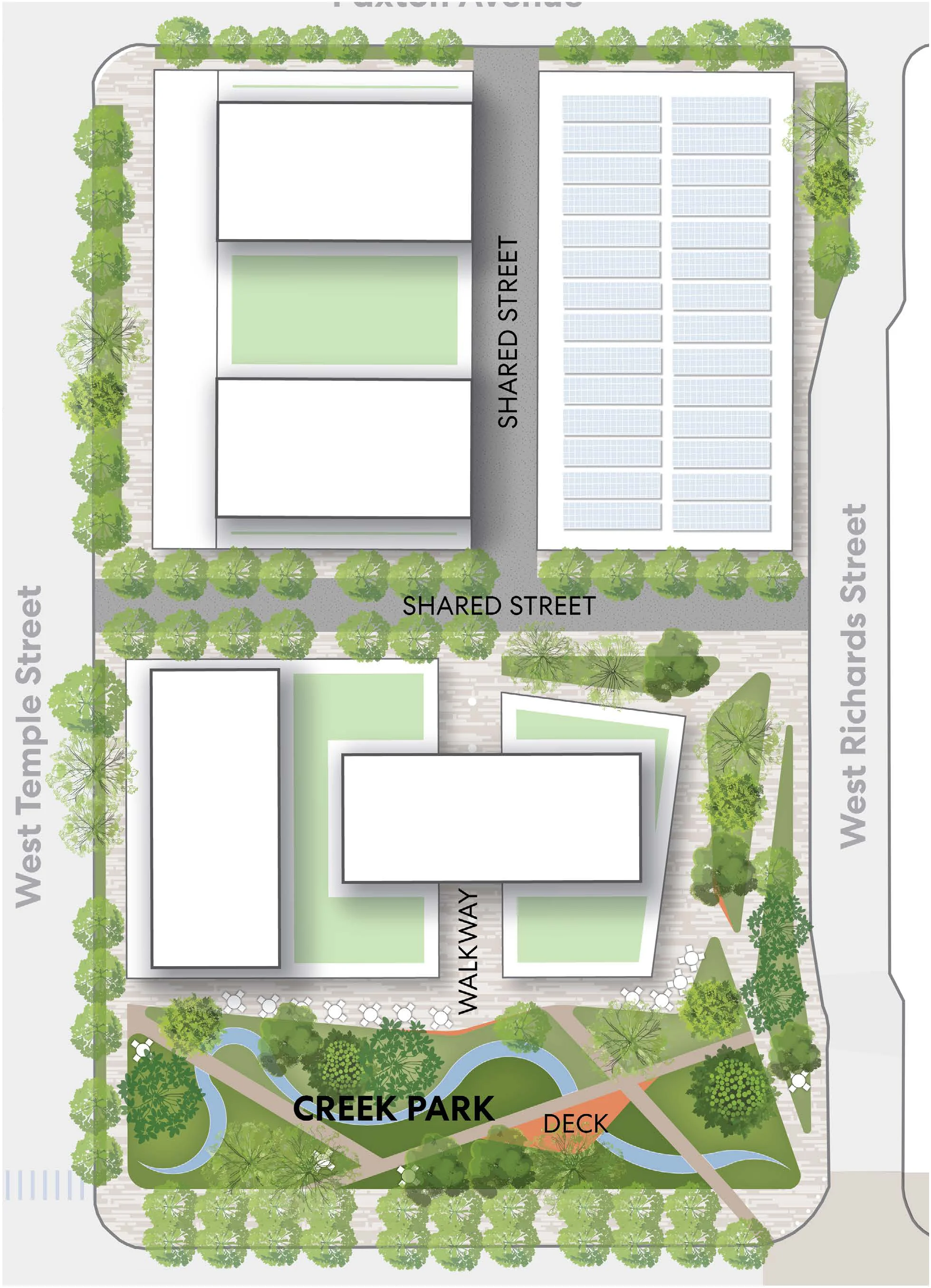 Site plan for the North Block showing West Temple Street on the left, West Richards Street on the right, Shared Streets, Walkway, Creek Park with meandering stream and Deck, surrounded by tree canopies and mixed-use buildings.