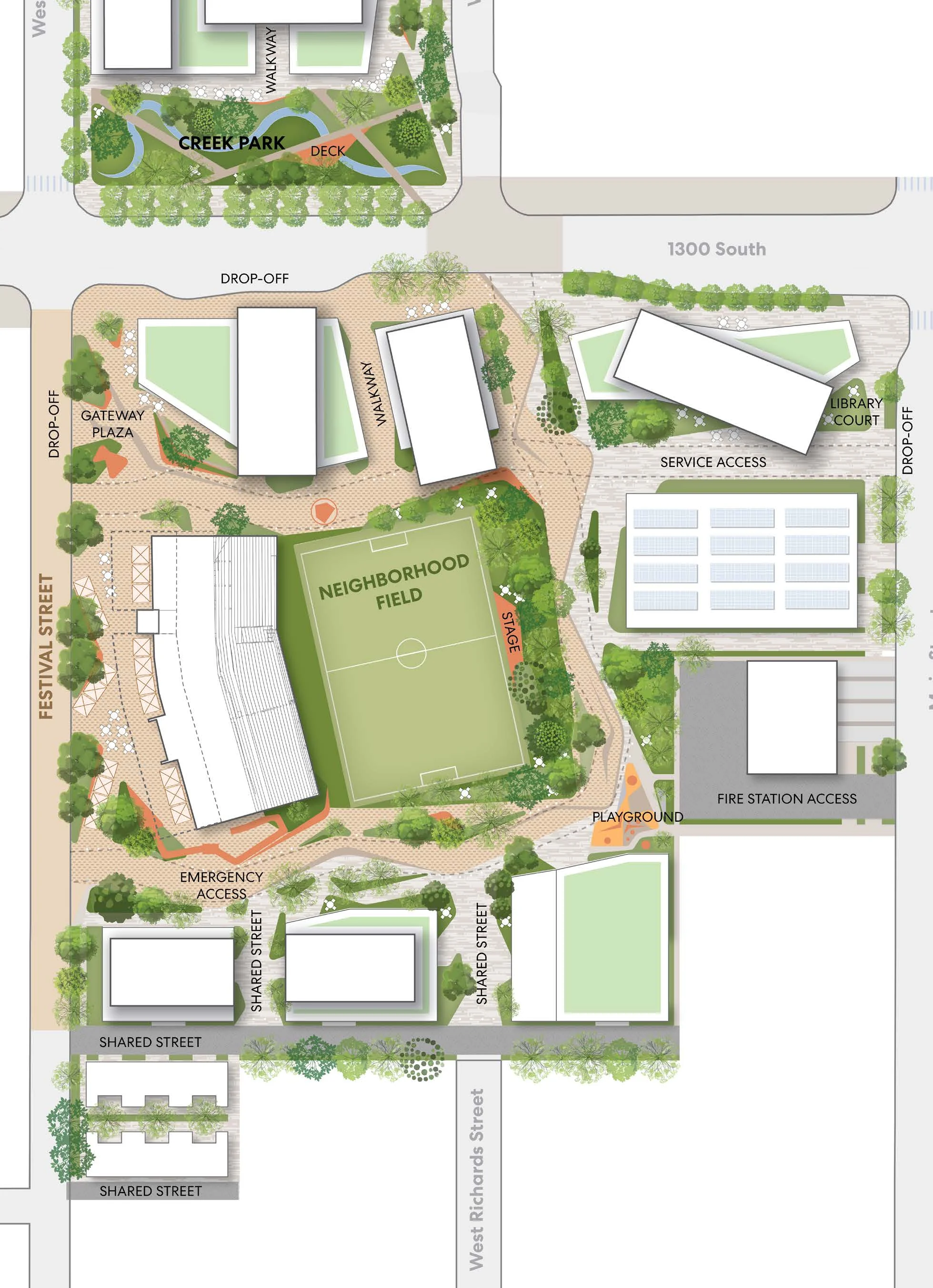 Illustrative site plan of the South Block landscape framework showing the central Neighborhood Field, surrounding Creek Park, walkways, festival street, shared streets, plazas, and building footprints.